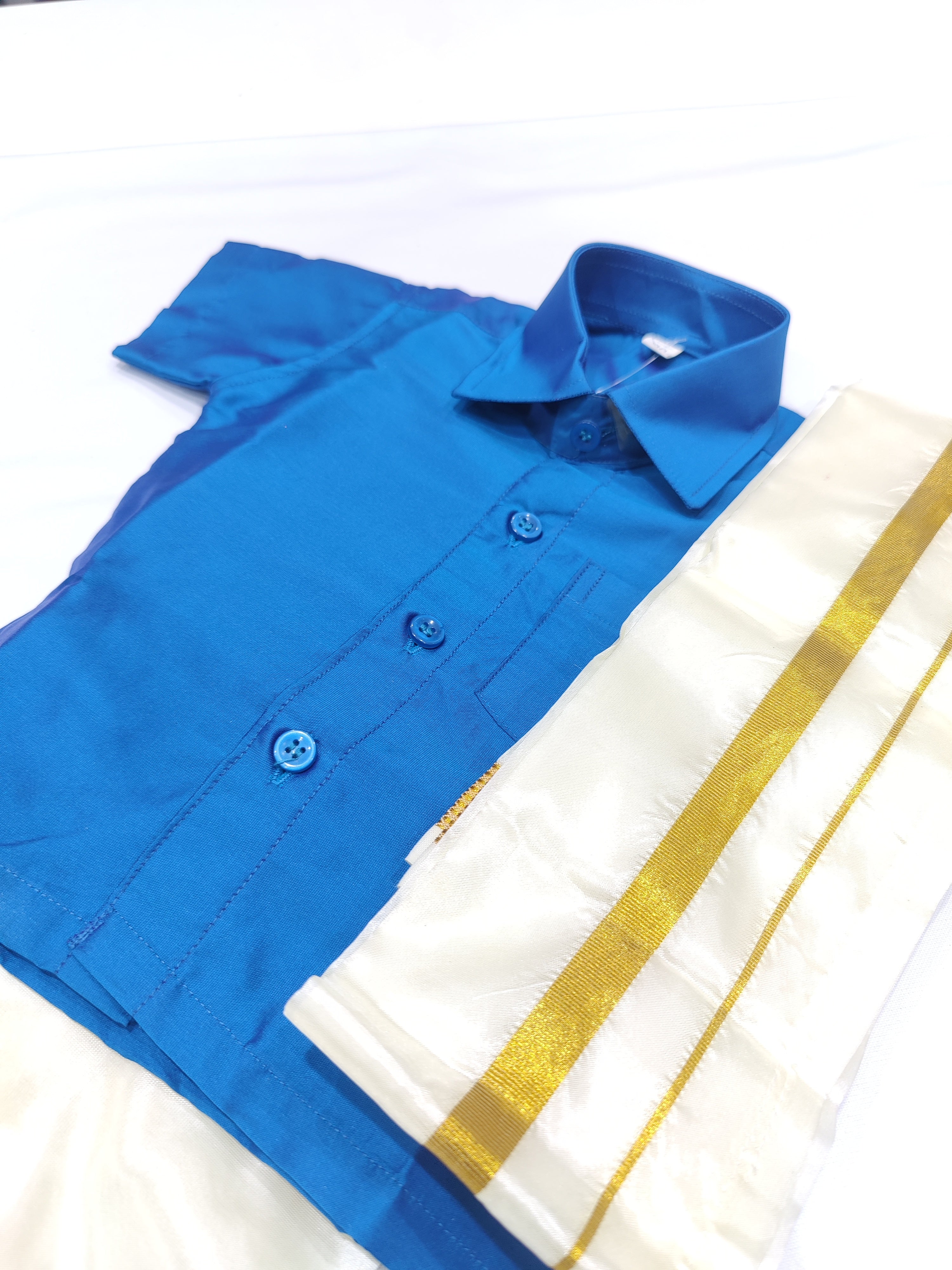 Navy Blue Kids Dhoti Shirt Set with Traditional Pancha - New Sudarshan Silks`