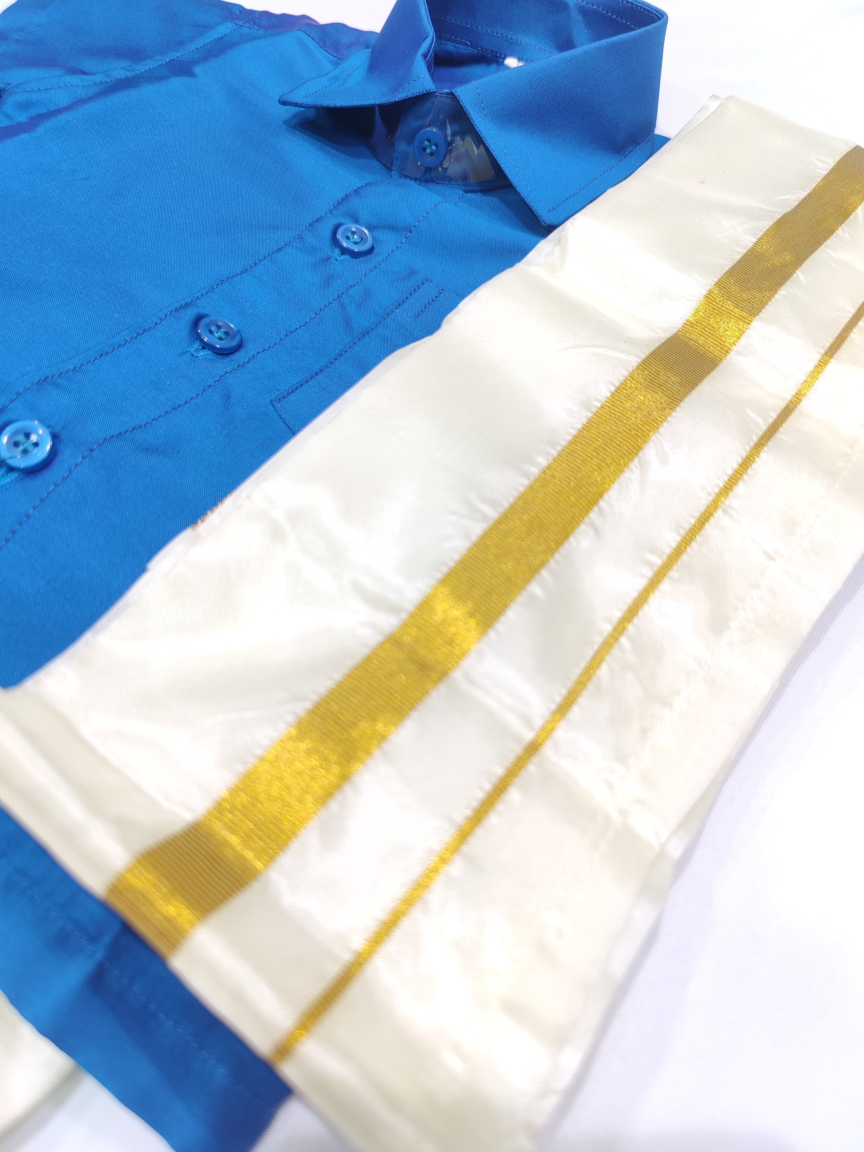 Navy Blue Kids Dhoti Shirt Set with Traditional Pancha - New Sudarshan Silks`