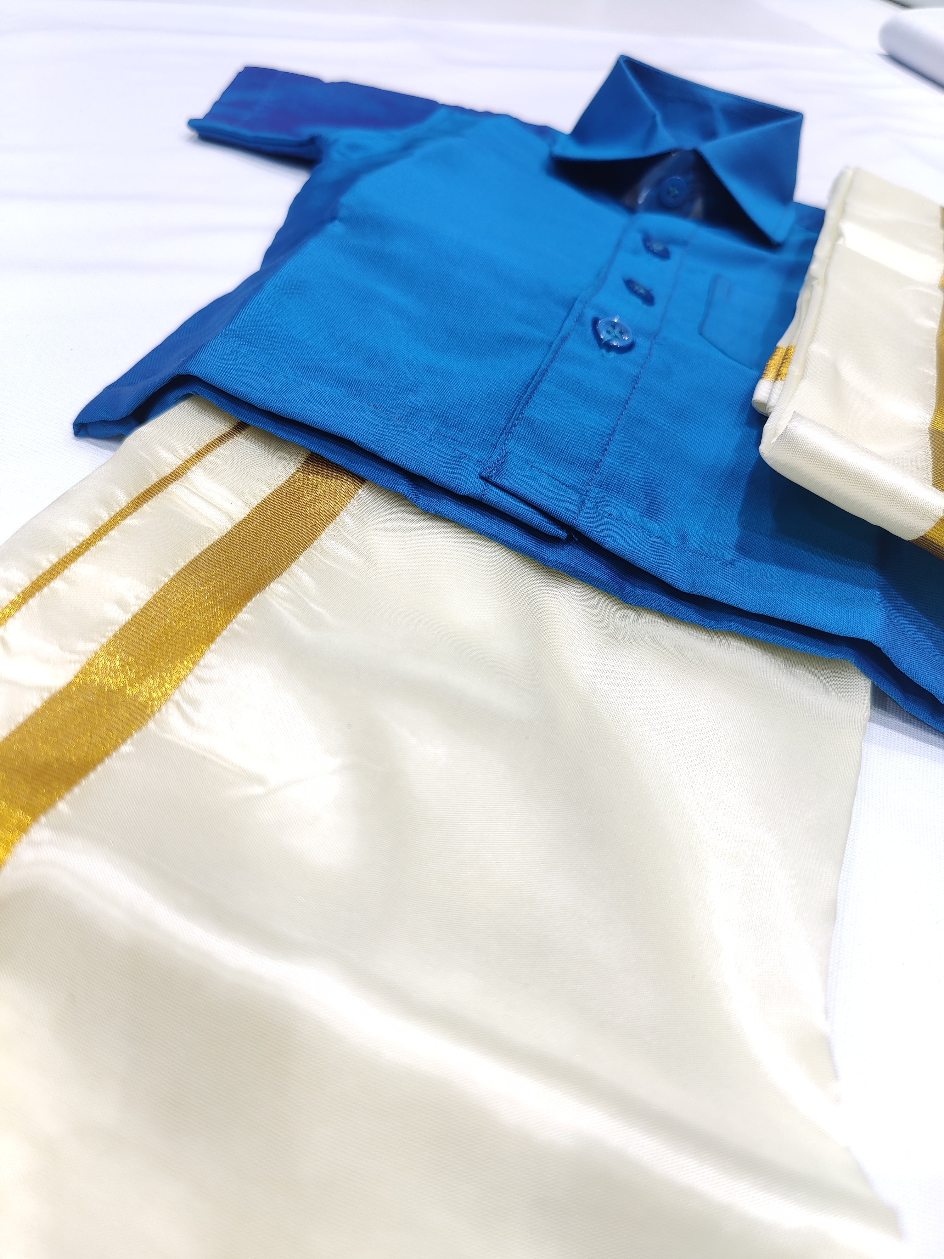 Navy Blue Kids Dhoti Shirt Set with Traditional Pancha - New Sudarshan Silks`
