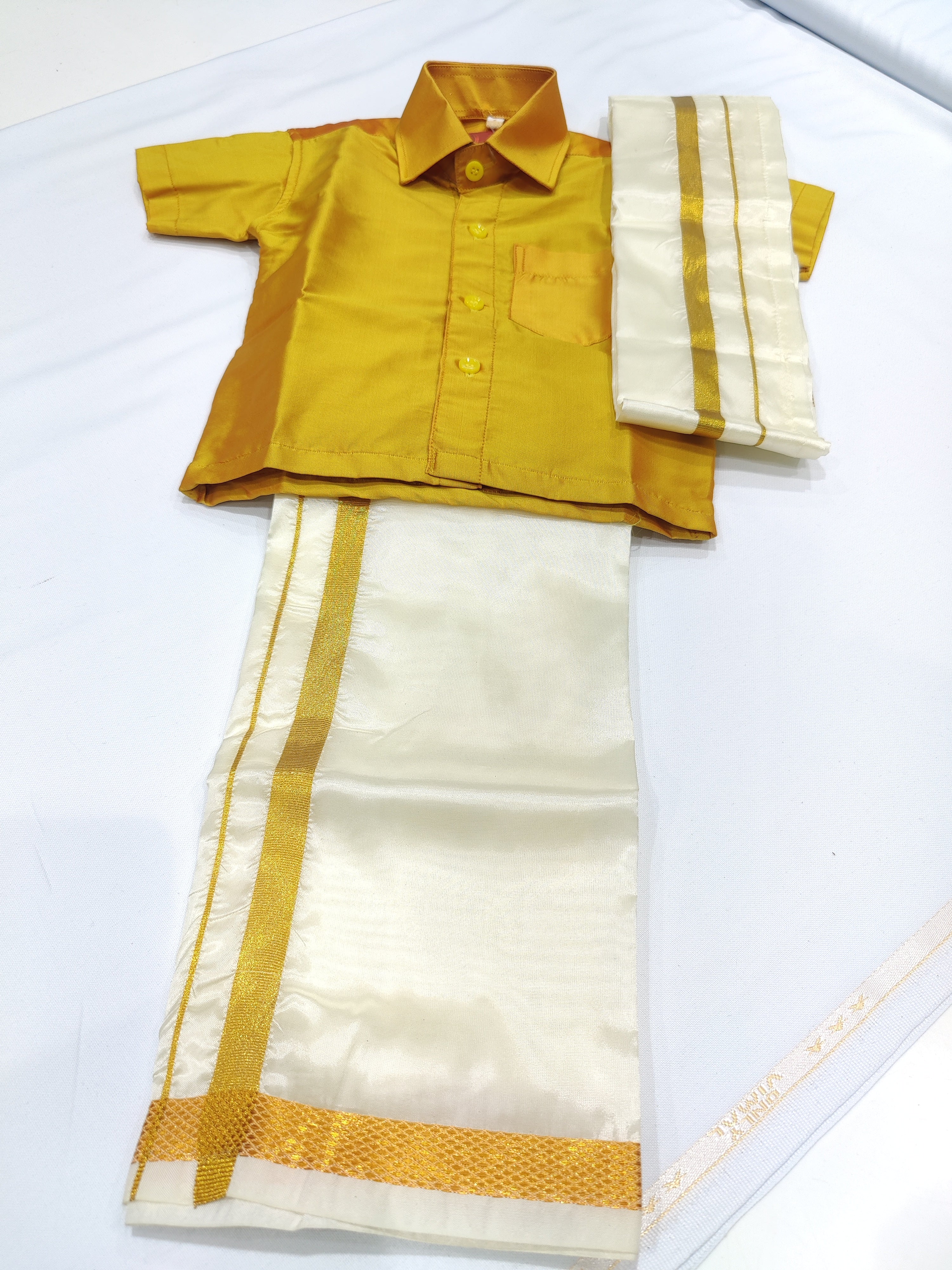 Mustard Yellow Kids Dhoti Shirt Set with Traditional Pancha - New Sudarshan Silks`