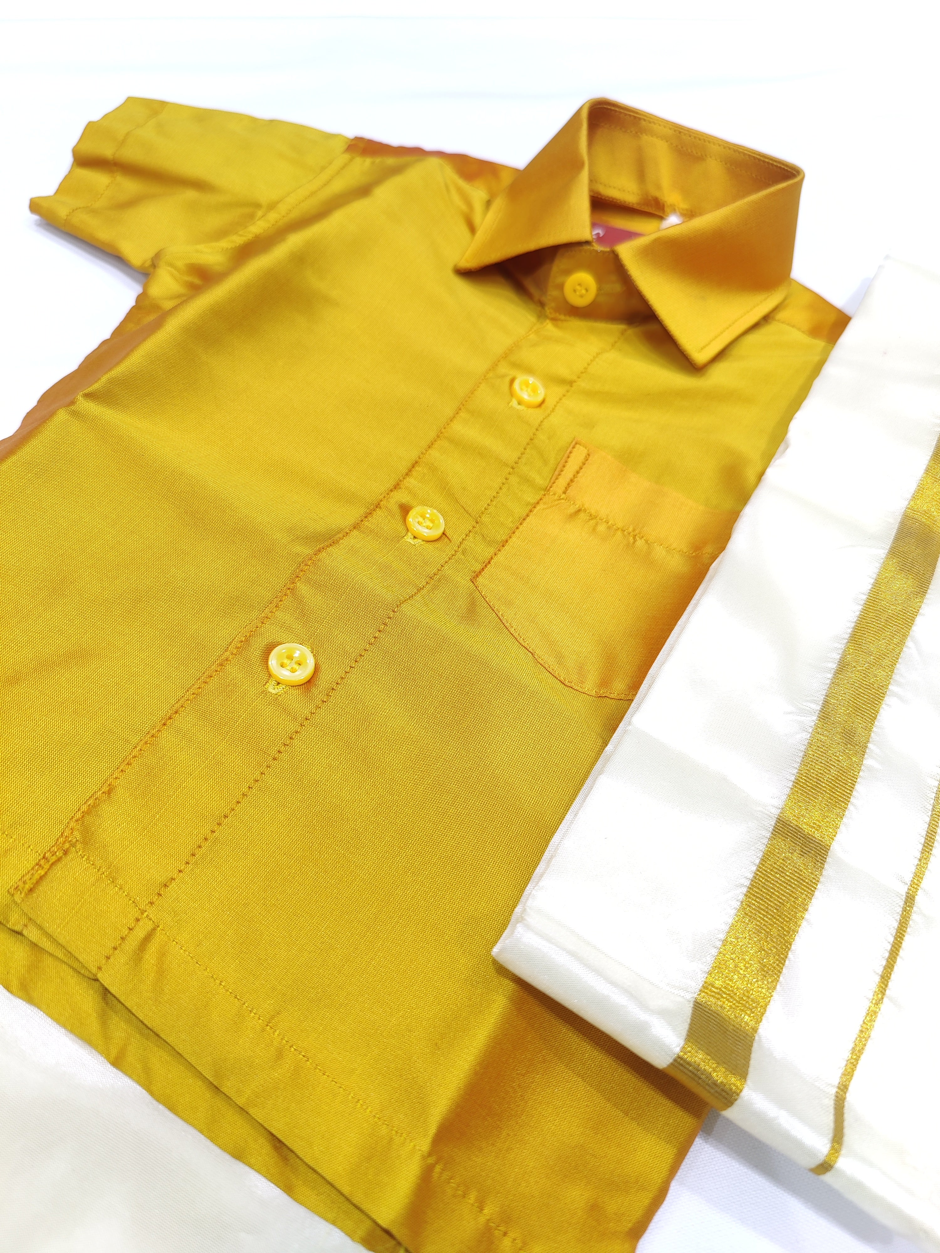 Mustard Yellow Kids Dhoti Shirt Set with Traditional Pancha - New Sudarshan Silks`