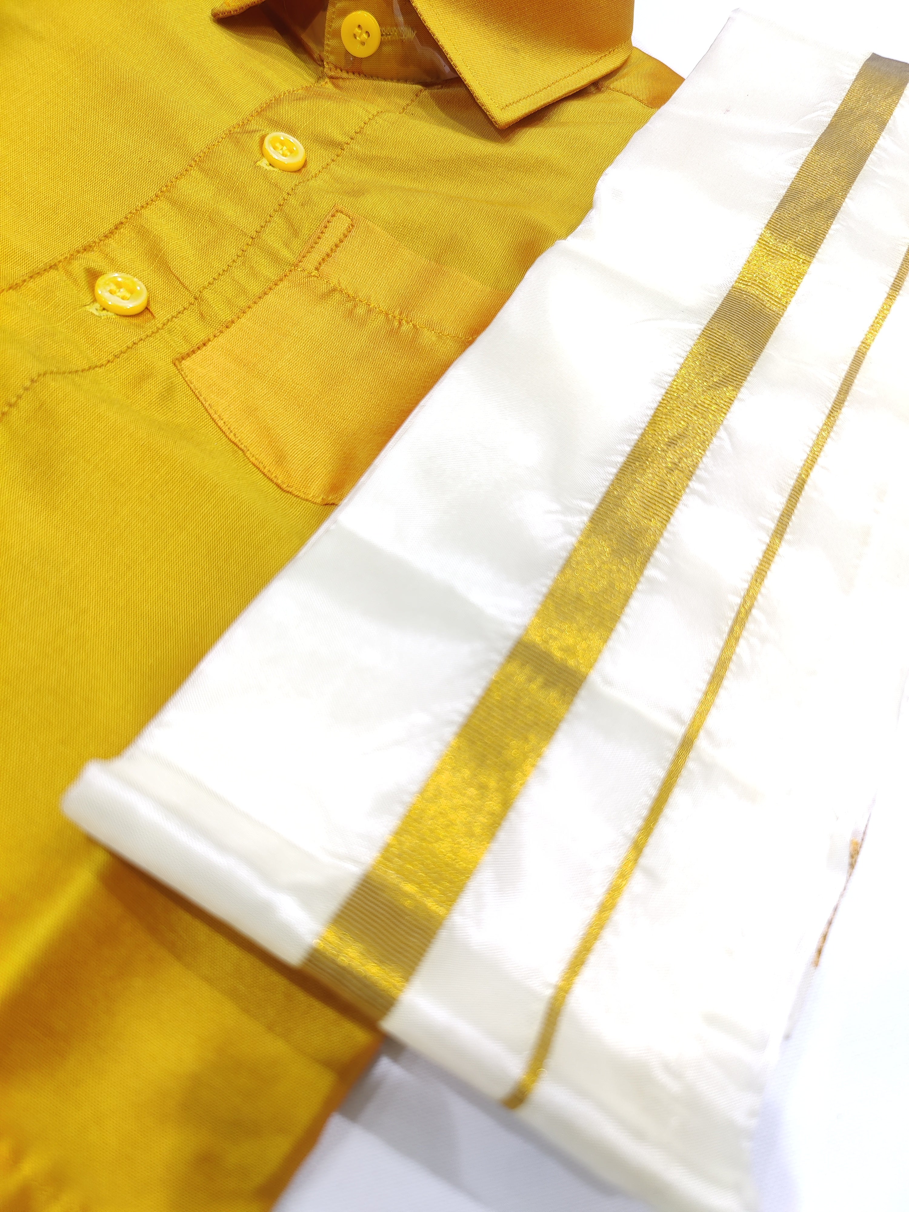 Mustard Yellow Kids Dhoti Shirt Set with Traditional Pancha - New Sudarshan Silks`