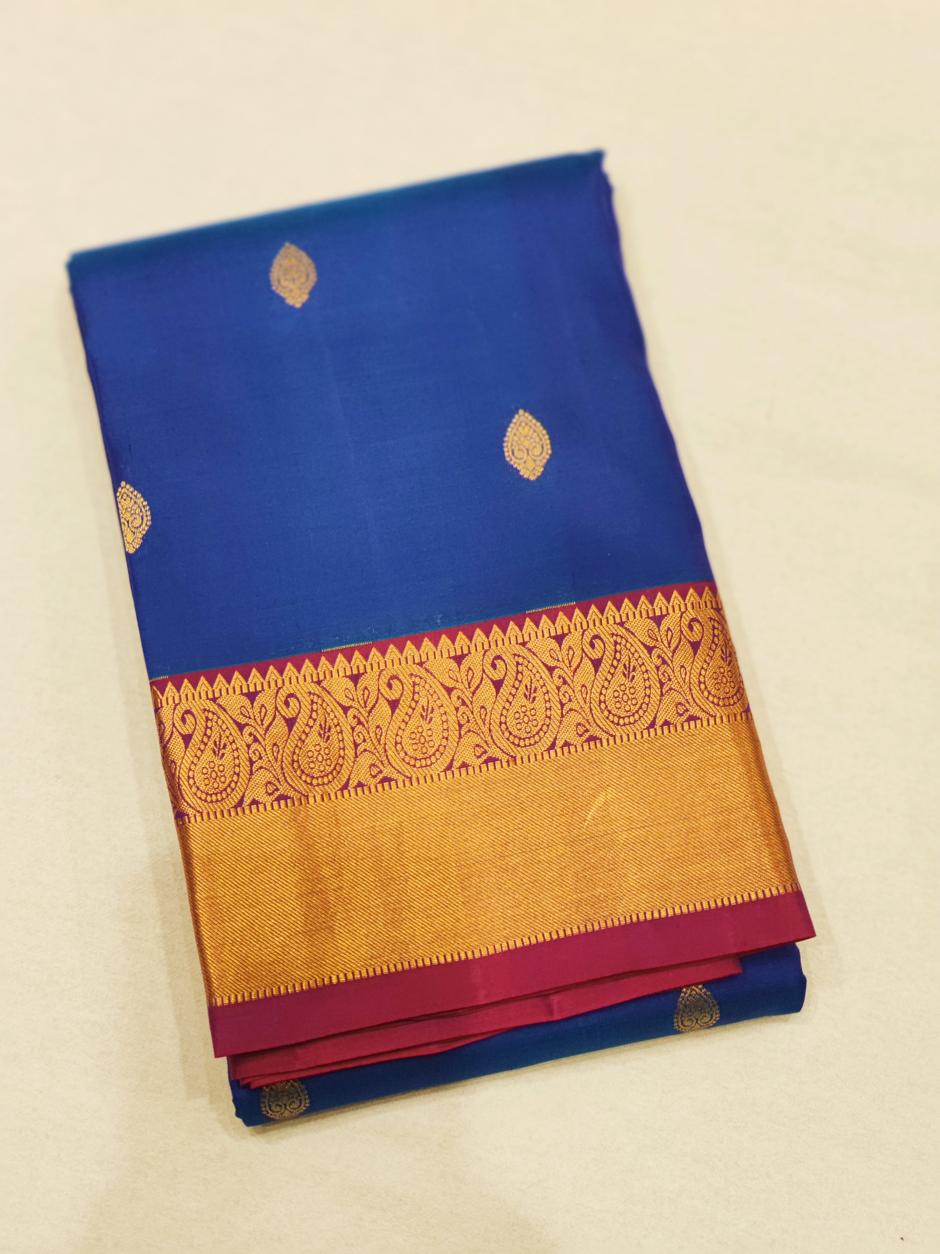 Peacock Blue Kanjivaram Pure Silk Saree with Majenta Border - Regal New Arrival - New Sudarshan Silks`