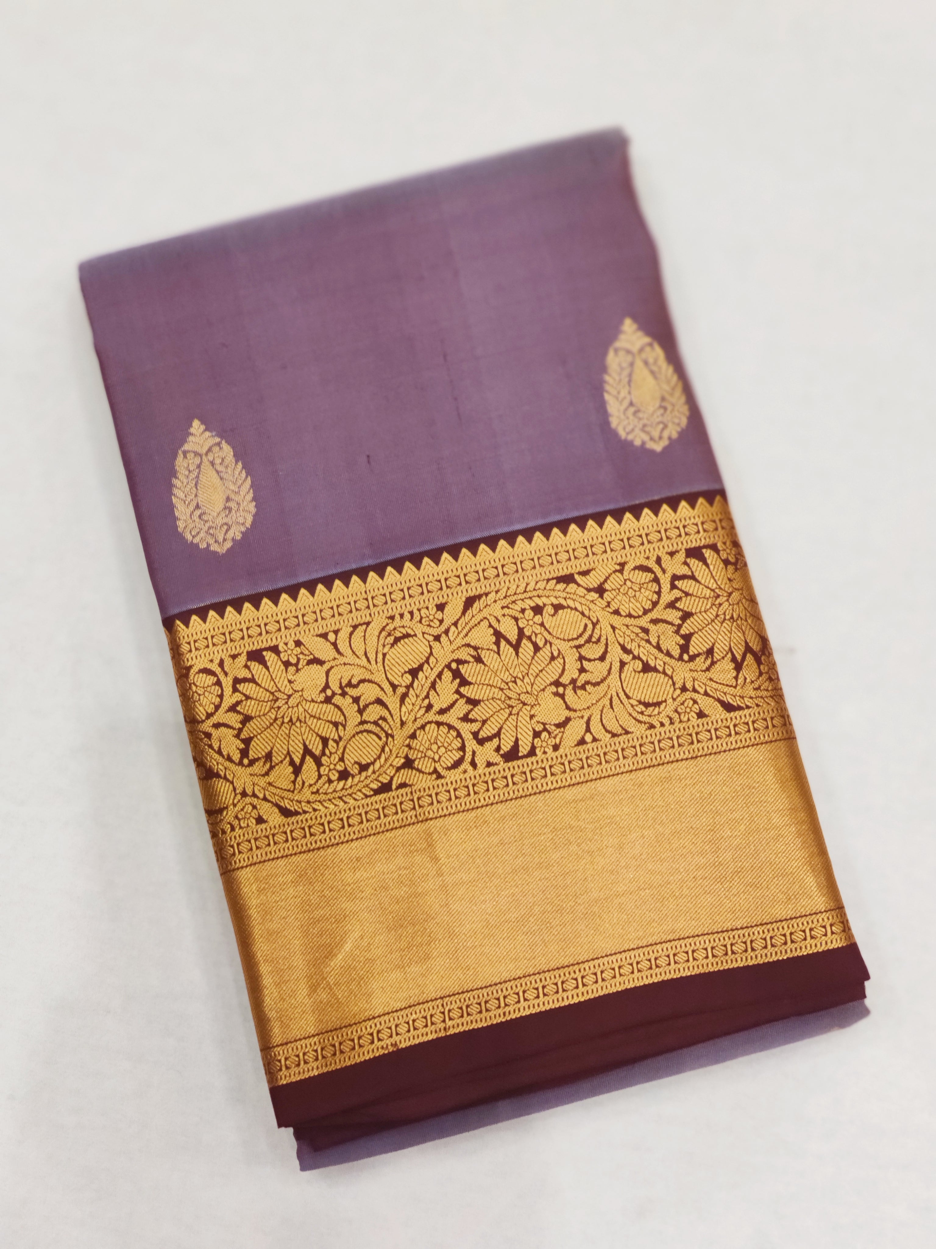 Grey Kanjivaram Silk Saree with Brown Border - Elegant New Arrival - New Sudarshan Silks`
