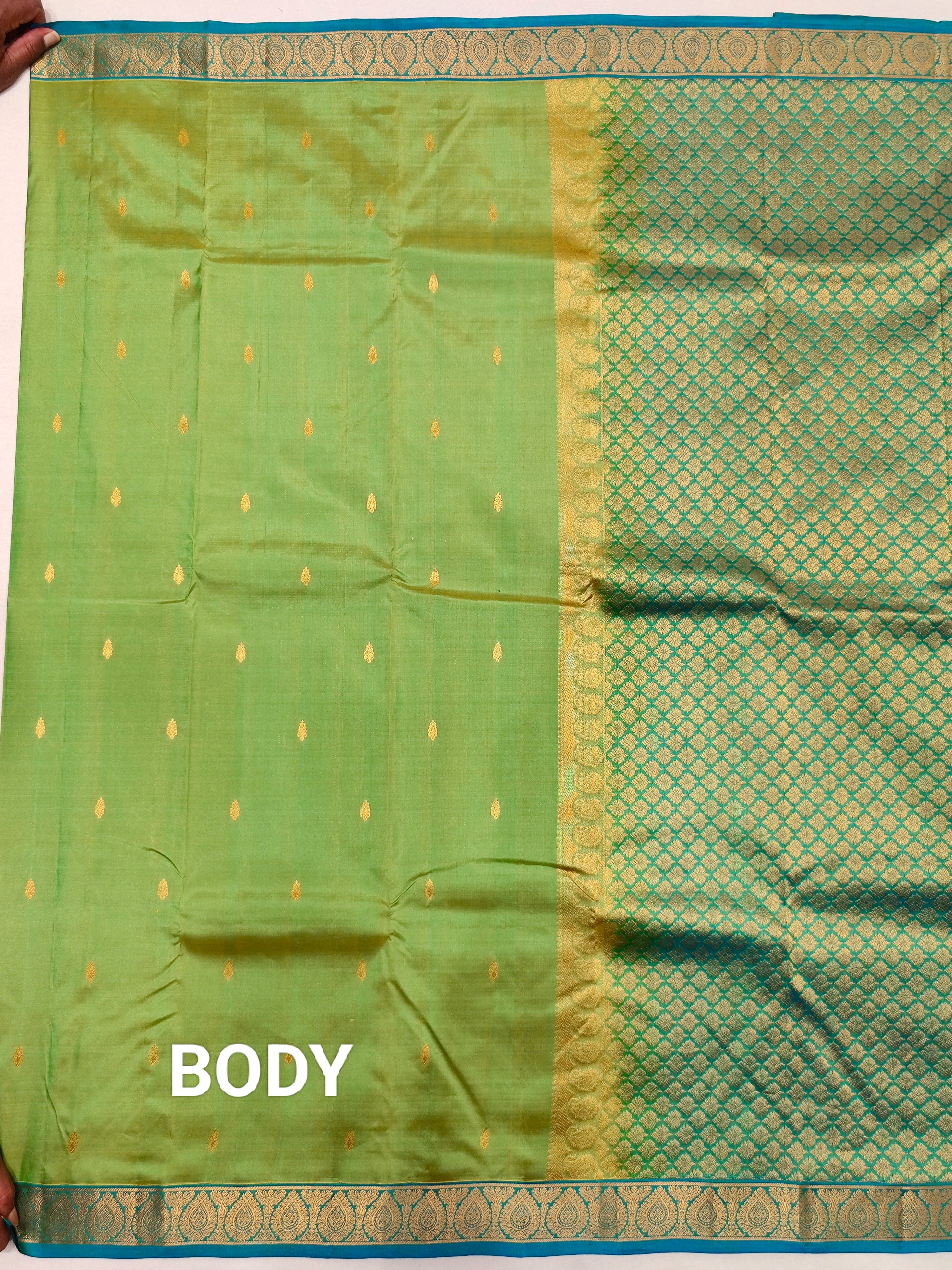 Green Kanjivaram Silk Saree with Blue Border - Elegant New Arrival - New Sudarshan Silks`