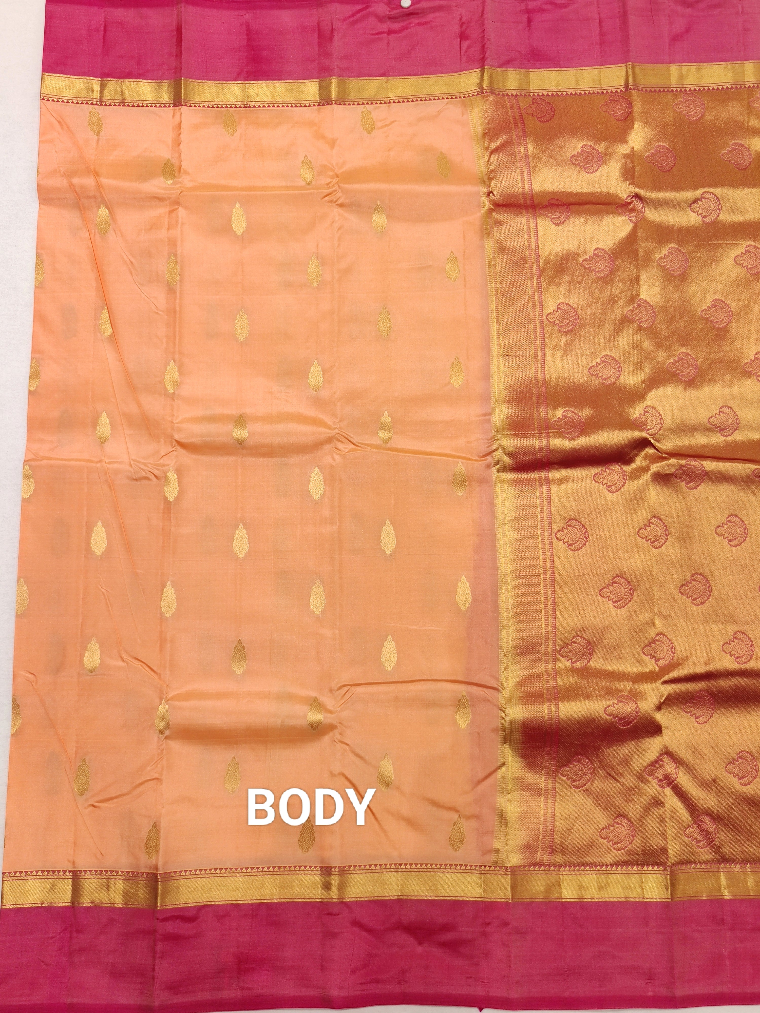 Peach Kanjivaram Silk Saree with Pink Border - Graceful New Arrival - New Sudarshan Silks`