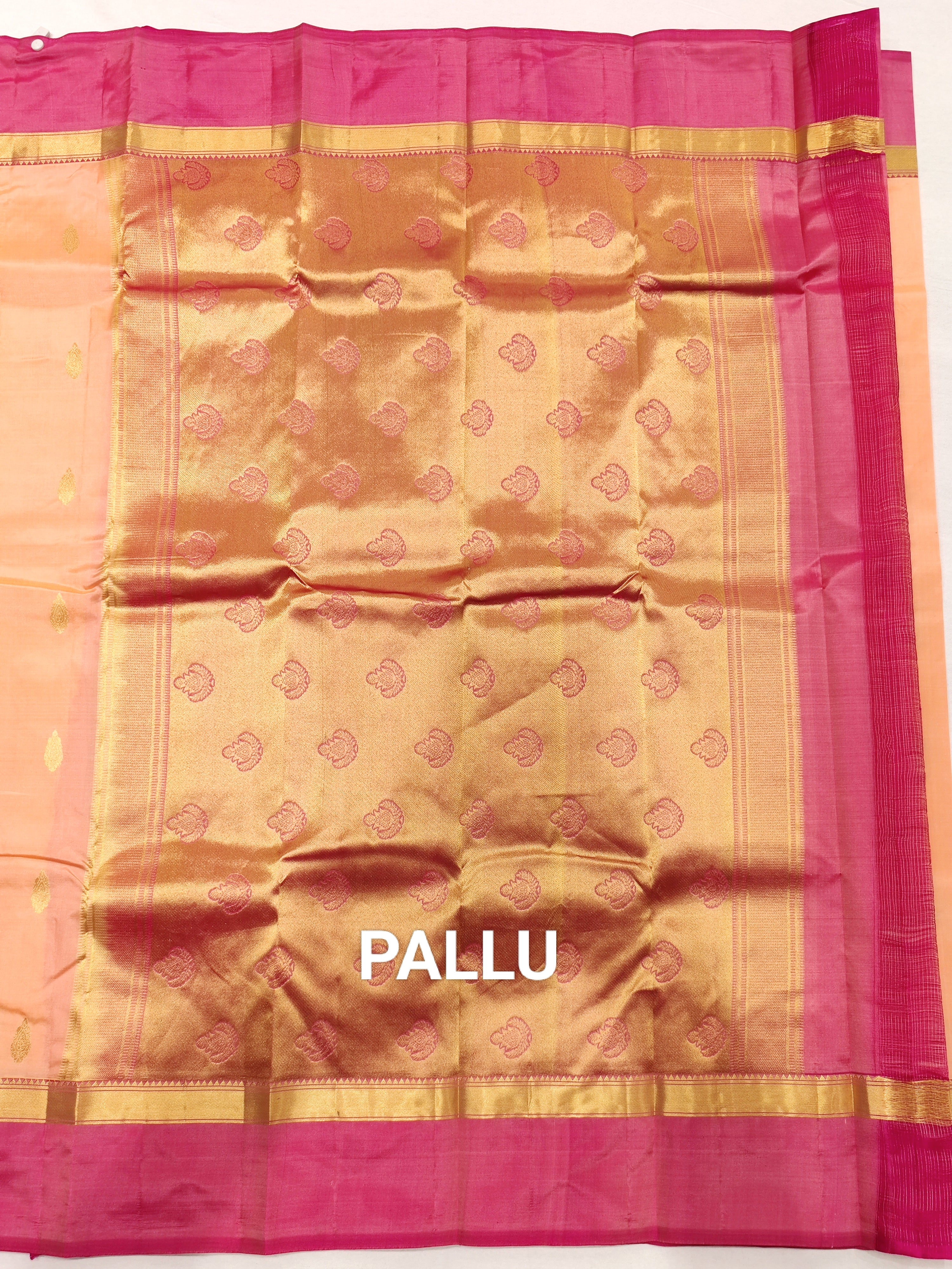 Peach Kanjivaram Silk Saree with Pink Border - Graceful New Arrival - New Sudarshan Silks`