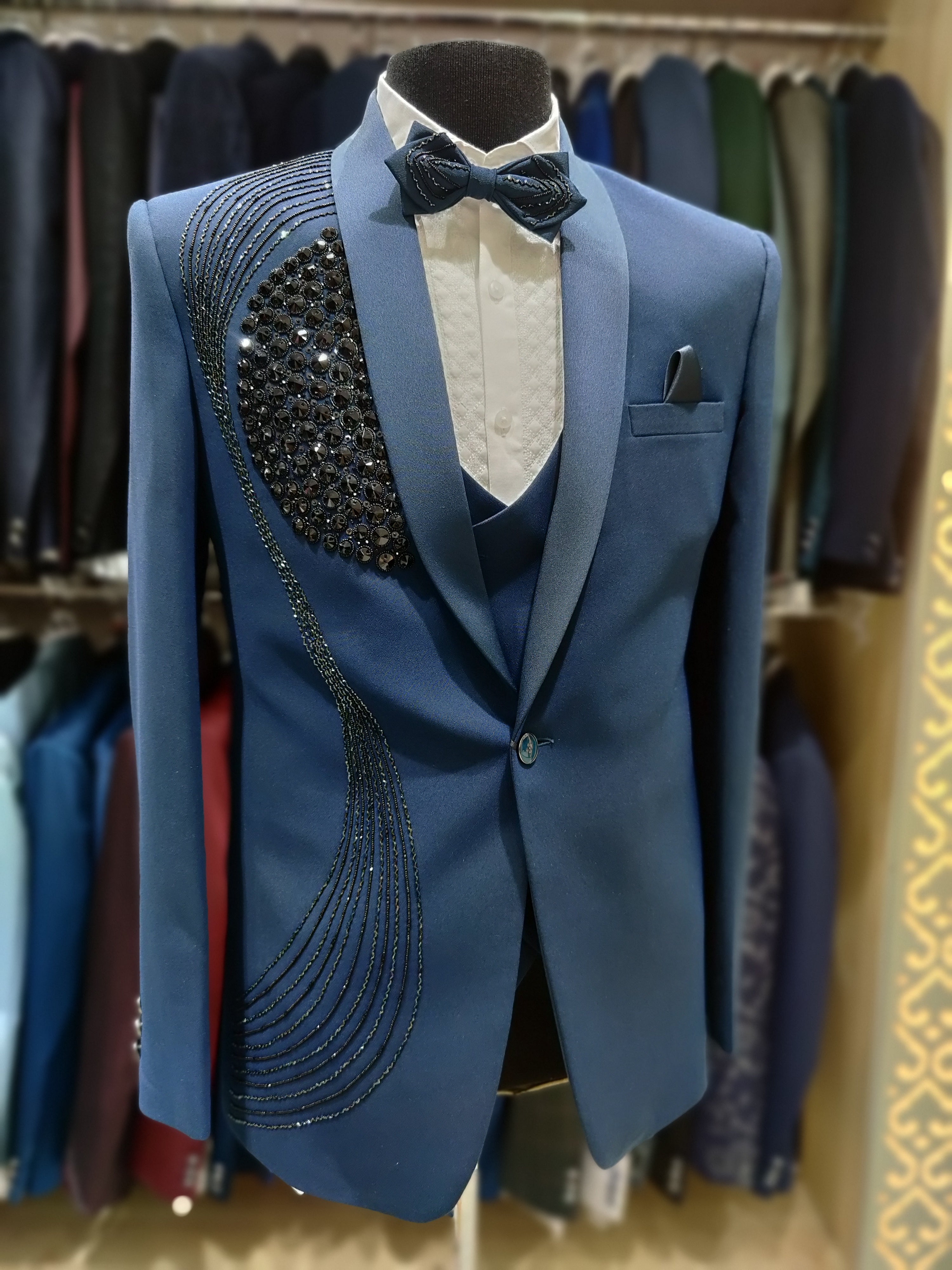 Navy Blue Men's Wedding Suit with Black Stone Work & Matching Pant Piece - New Sudarshan Silks`
