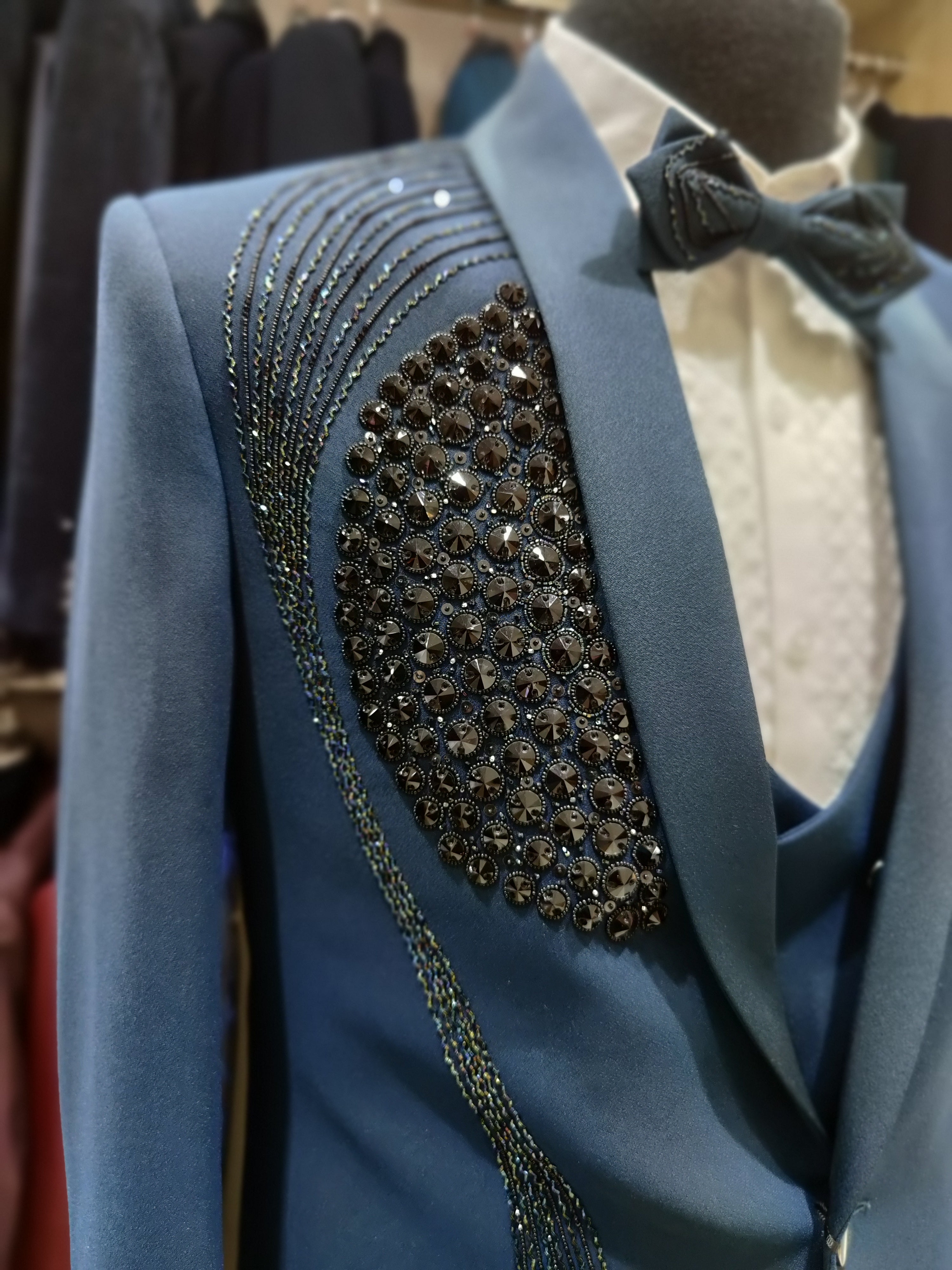 Navy Blue Men's Wedding Suit with Black Stone Work & Matching Pant Piece - New Sudarshan Silks`