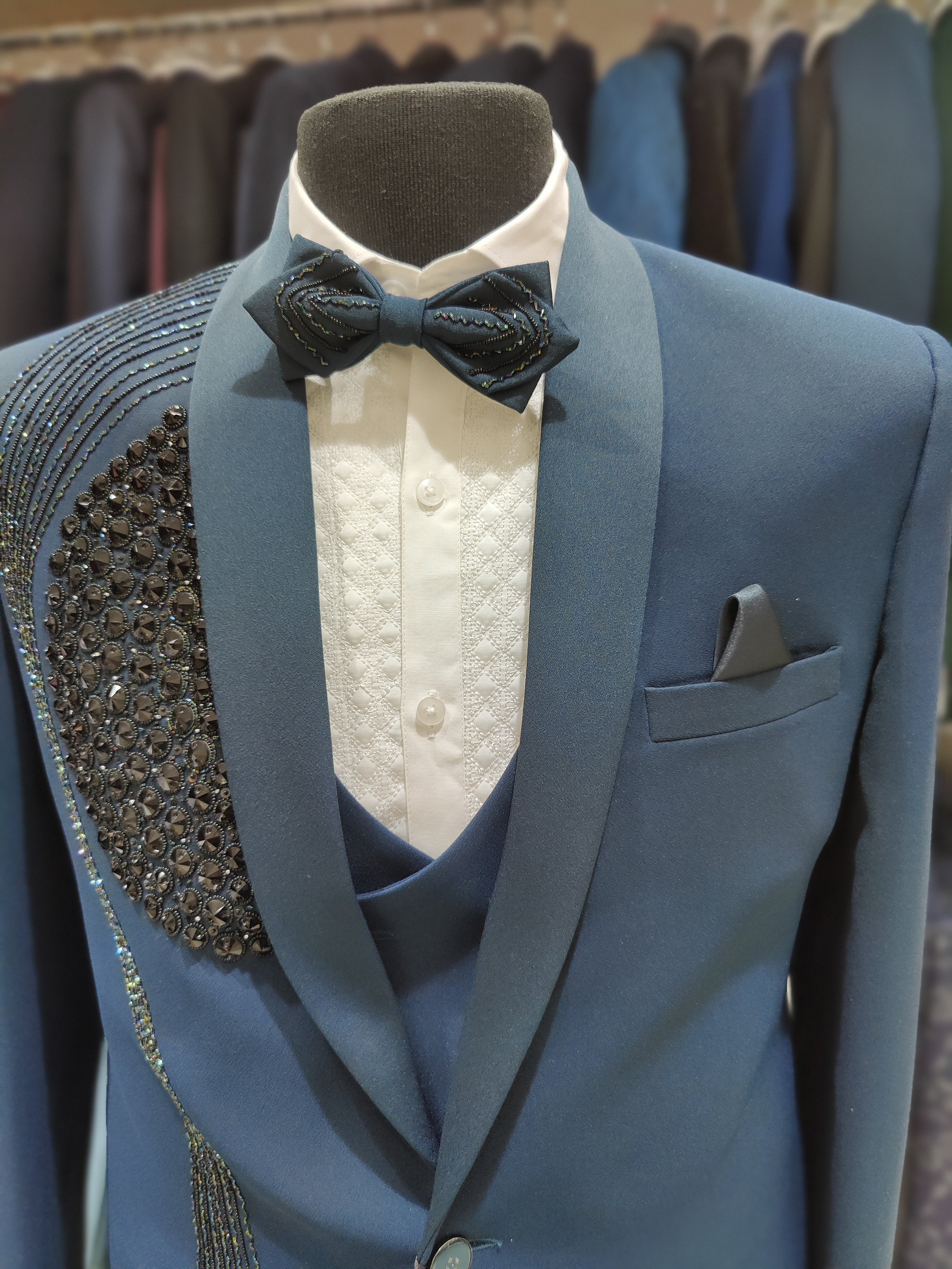 Navy Blue Men's Wedding Suit with Black Stone Work & Matching Pant Piece - New Sudarshan Silks`