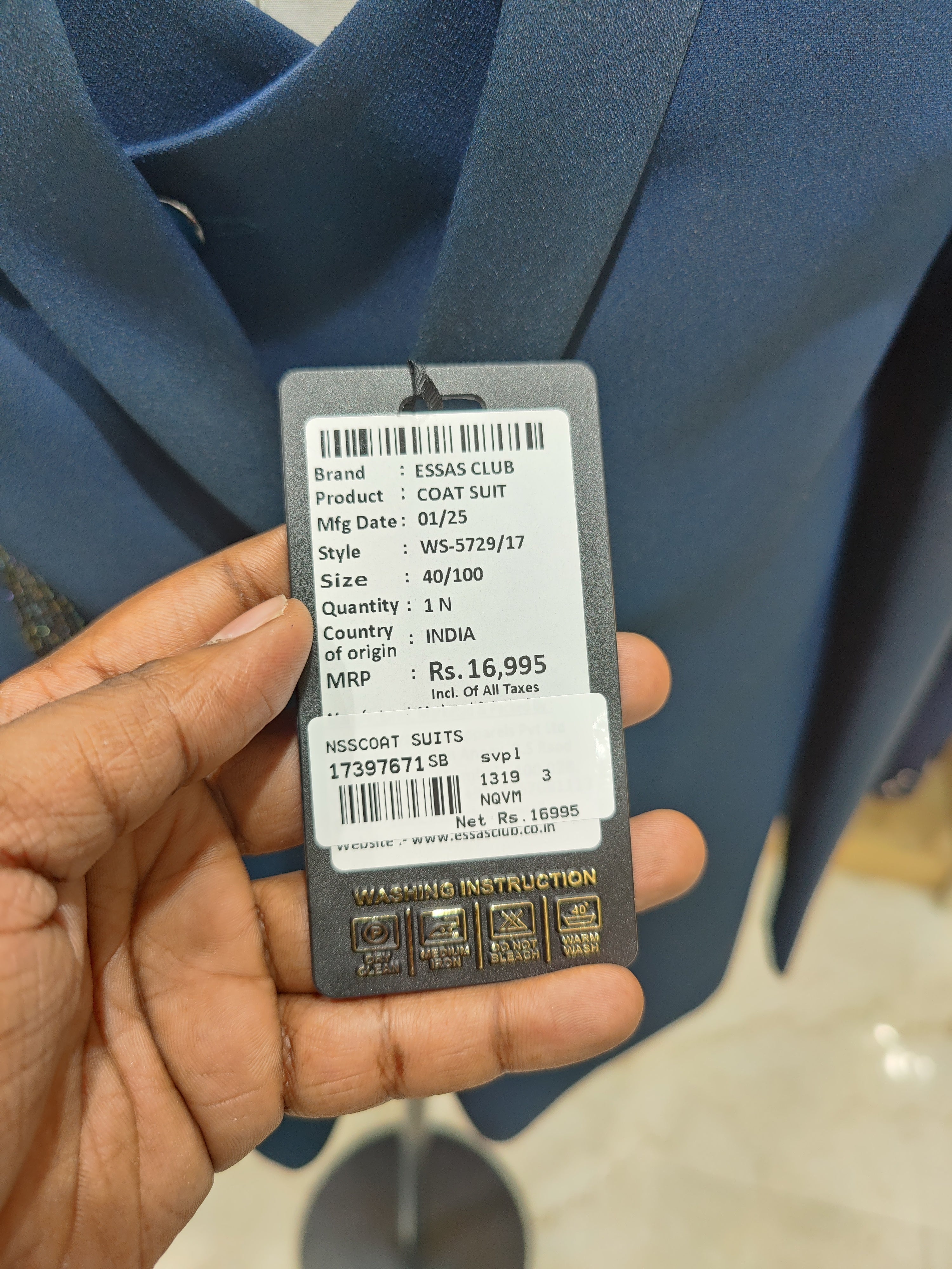 Navy Blue Men's Wedding Suit with Black Stone Work & Matching Pant Piece - New Sudarshan Silks`