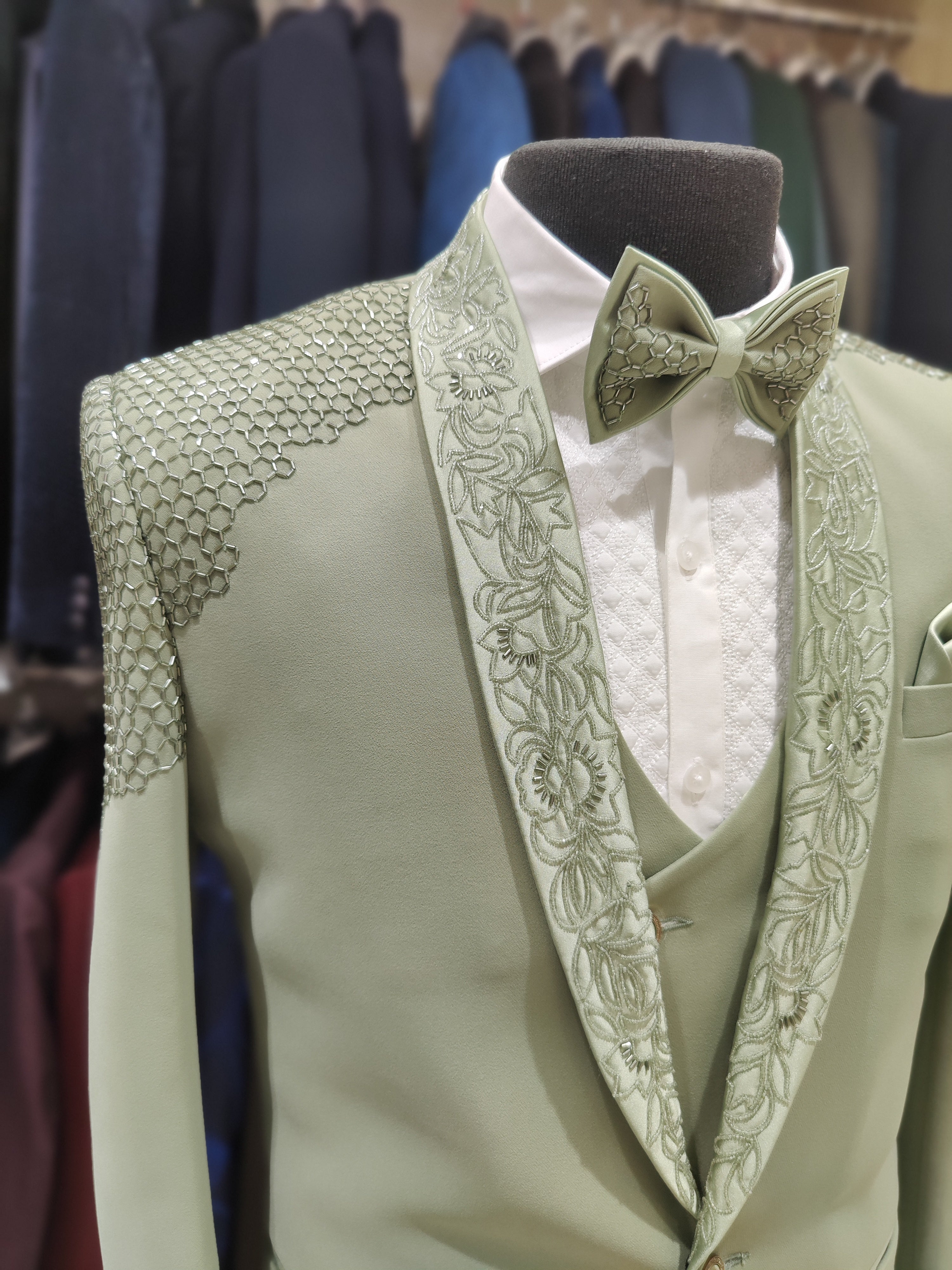Pista Green Men's Wedding Suit with Stone Work & Matching Pant Piece - New Sudarshan Silks`