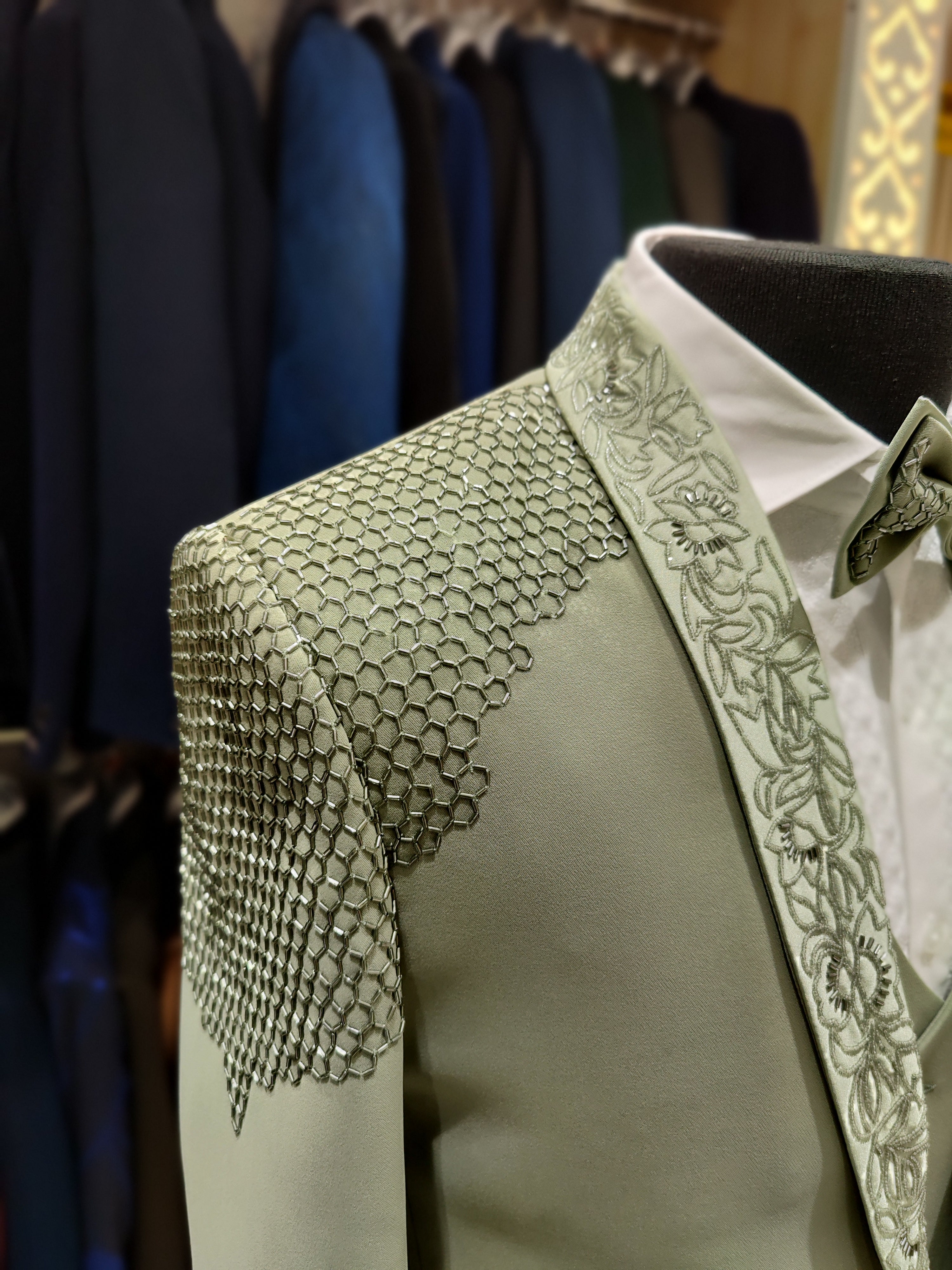 Pista Green Men's Wedding Suit with Stone Work & Matching Pant Piece - New Sudarshan Silks`