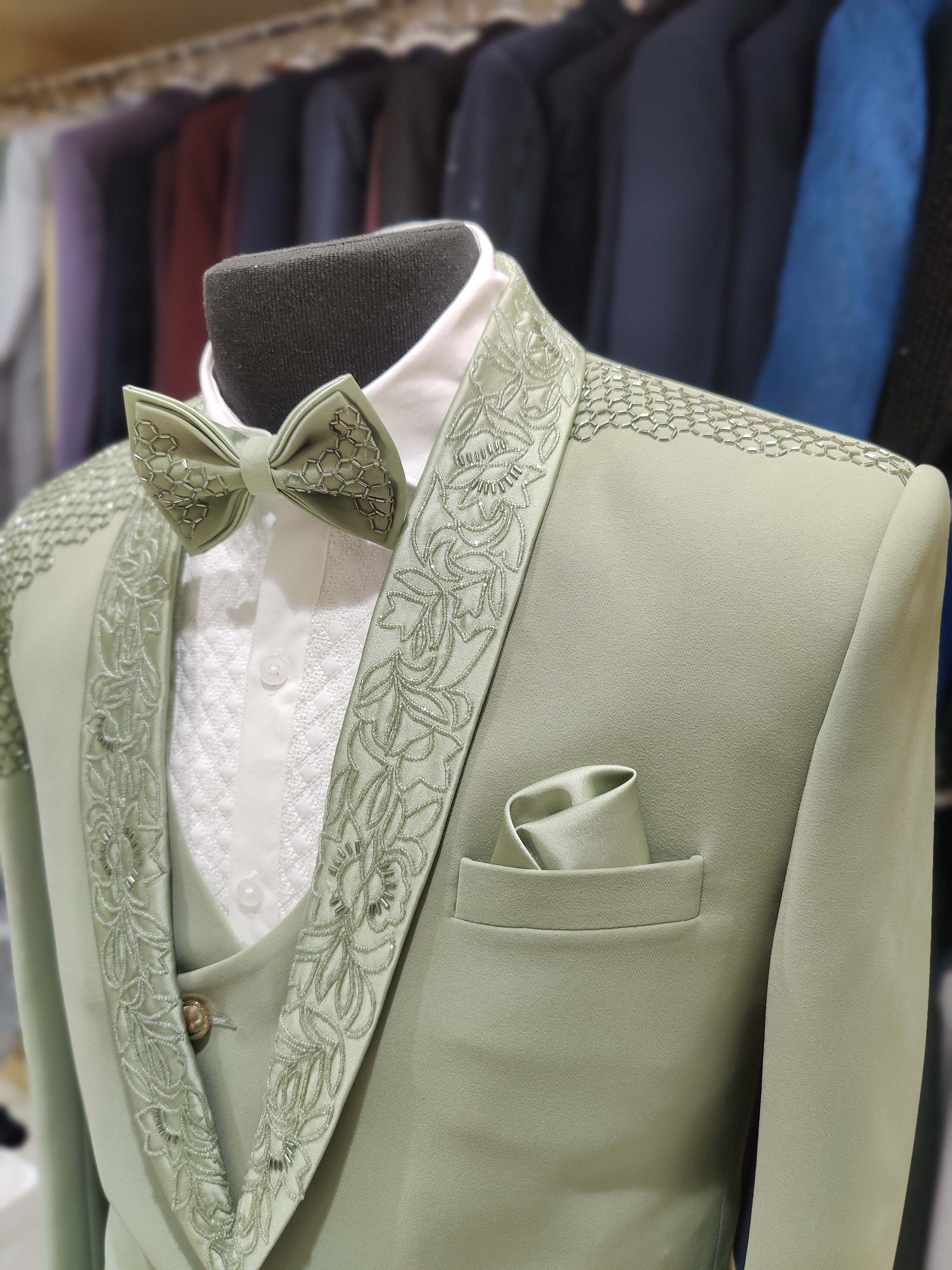 Pista Green Men's Wedding Suit with Stone Work & Matching Pant Piece - New Sudarshan Silks`