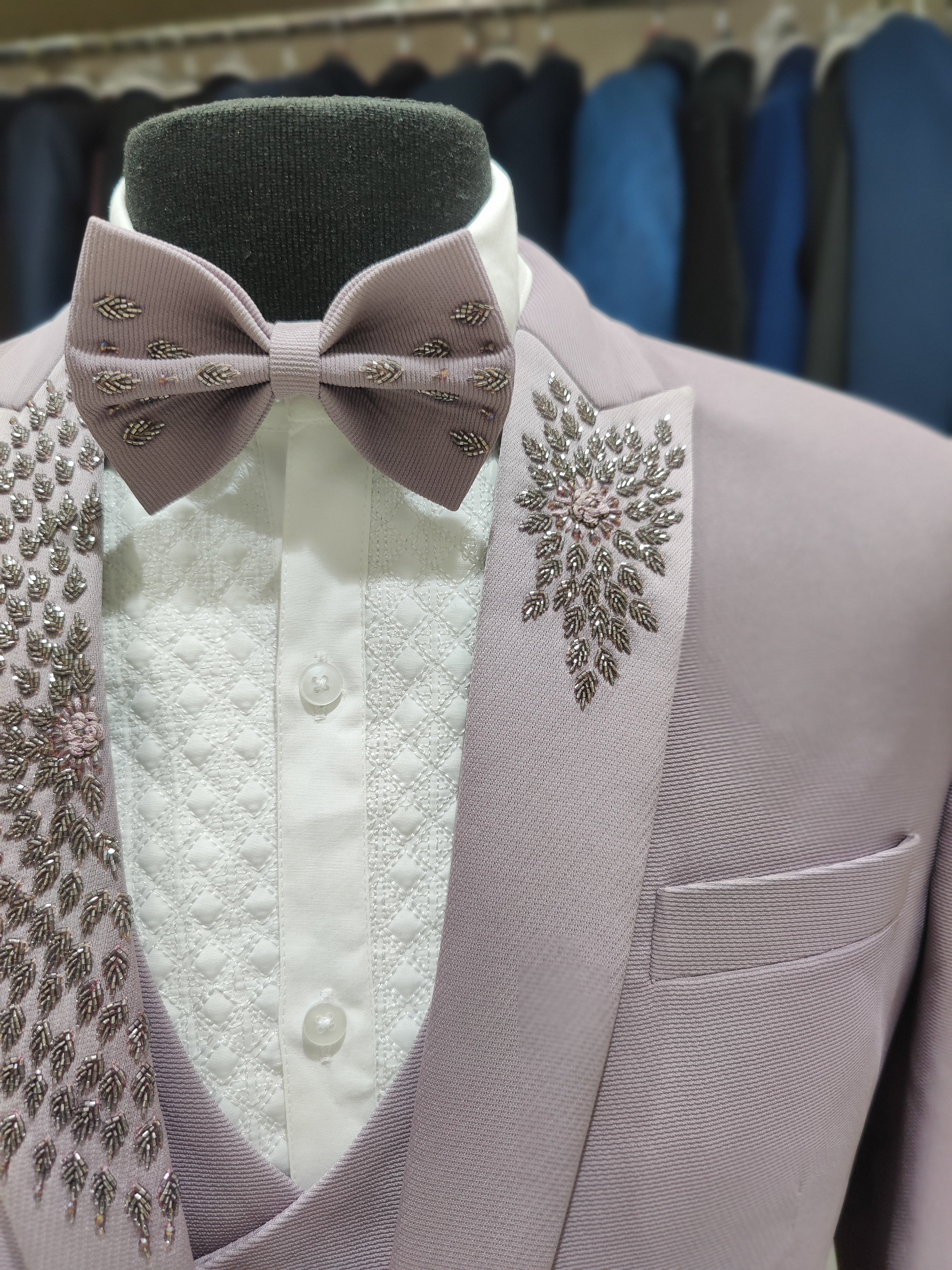 Light Lavender Men's Wedding Suit with Stone Work & Matching Pant Piece - New Sudarshan Silks`