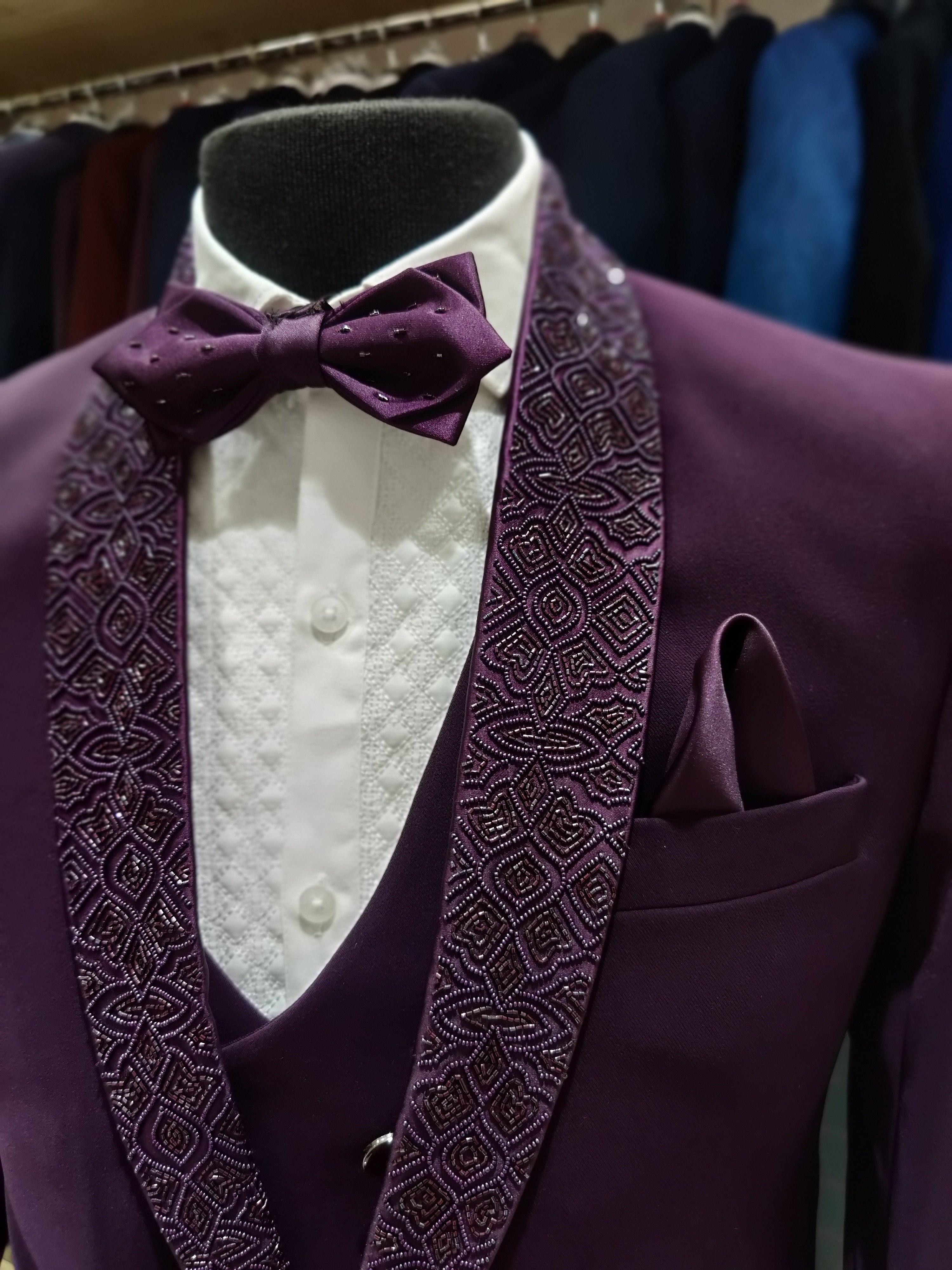 Wine Shade Men's Wedding Suit with Stone Work & Matching Pant Piece - New Sudarshan Silks`