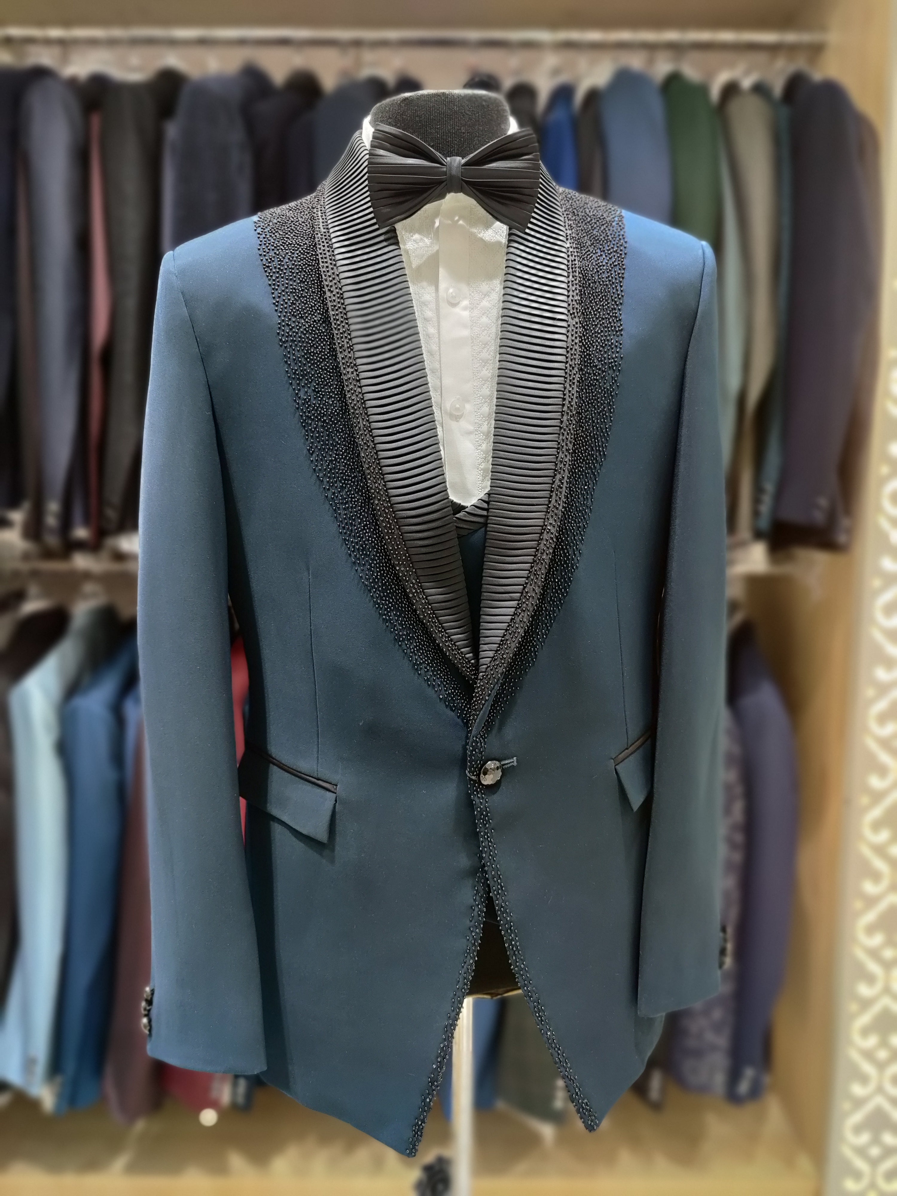 Blue Men's Wedding Suit with Black Stone Work & Matching Pant Piece - New Sudarshan Silks`
