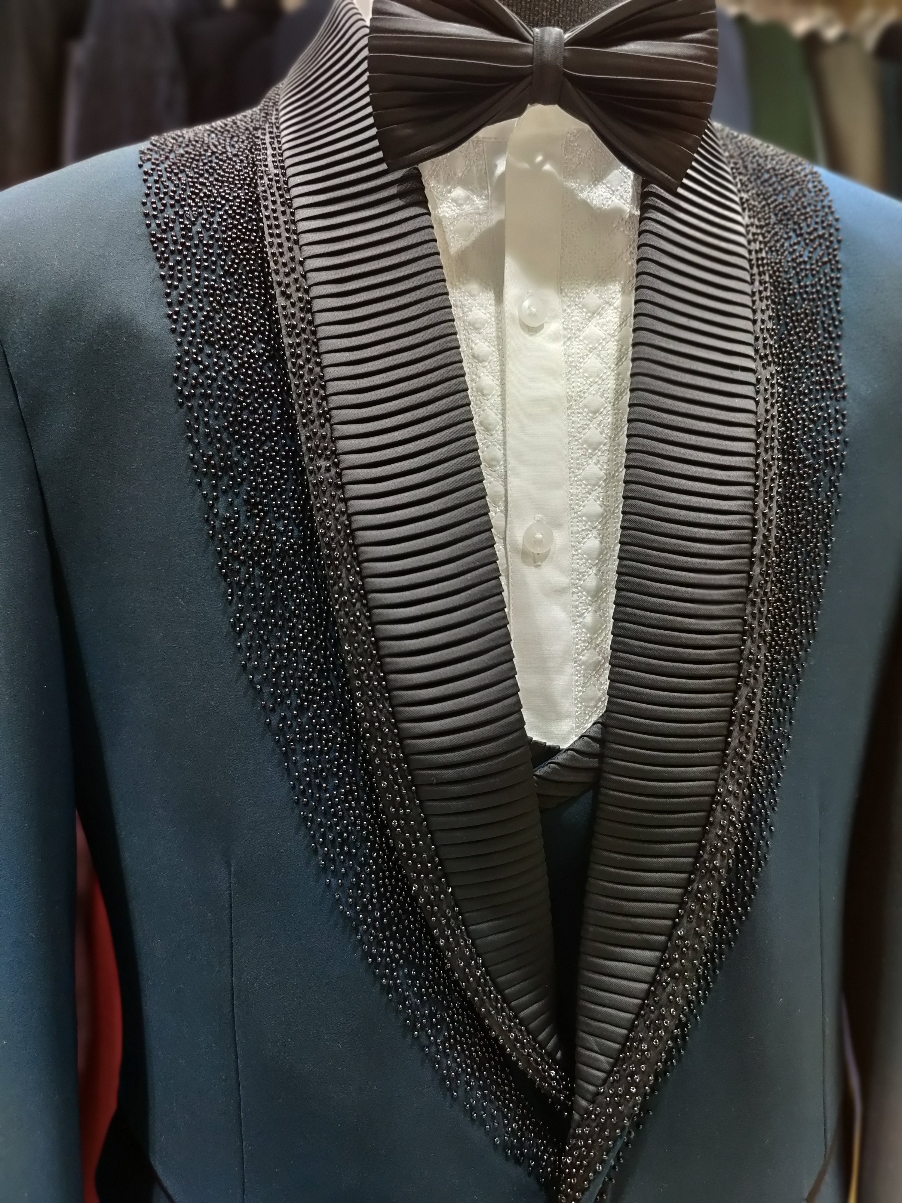 Blue Men's Wedding Suit with Black Stone Work & Matching Pant Piece - New Sudarshan Silks`