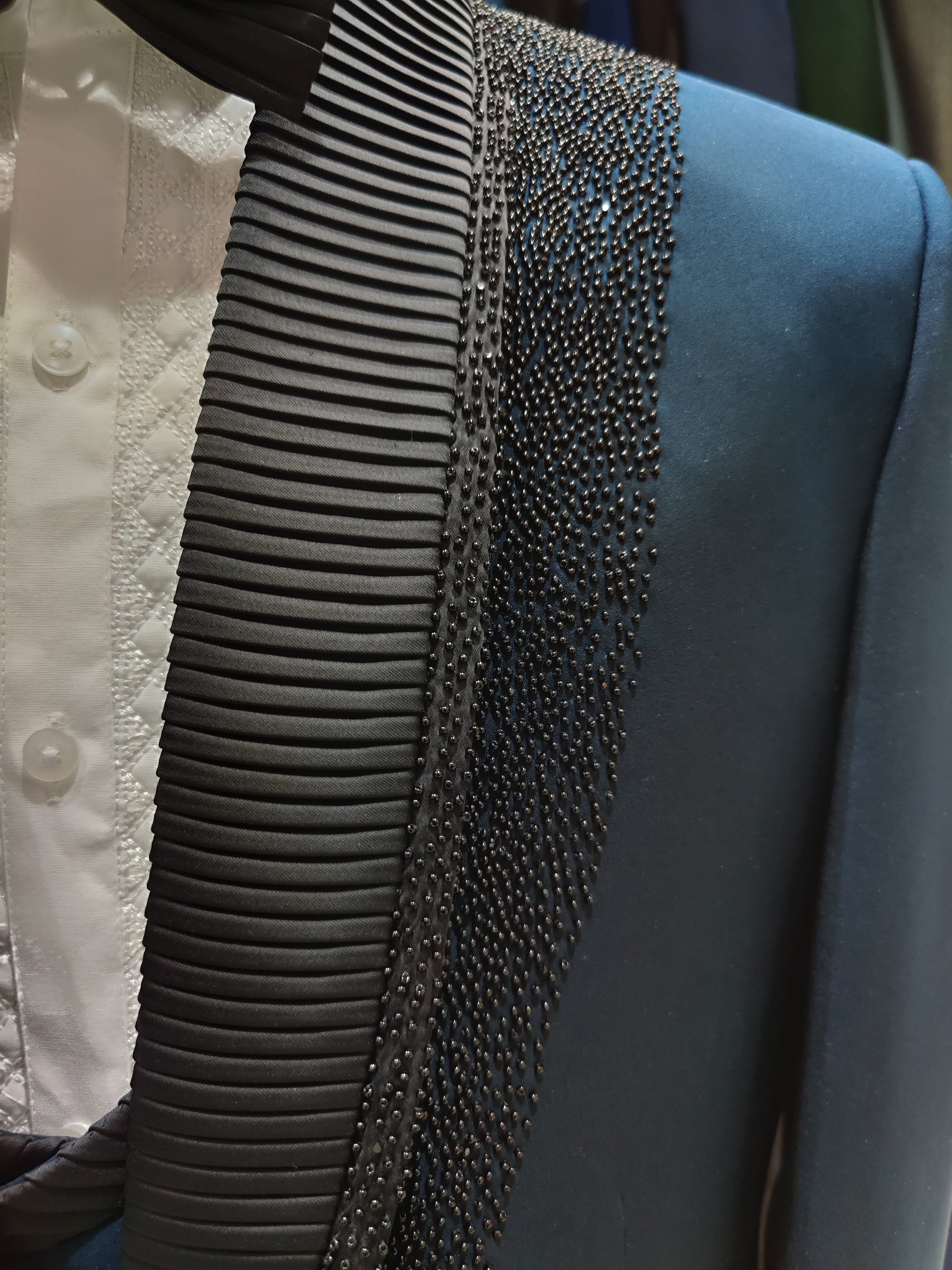 Blue Men's Wedding Suit with Black Stone Work & Matching Pant Piece - New Sudarshan Silks`
