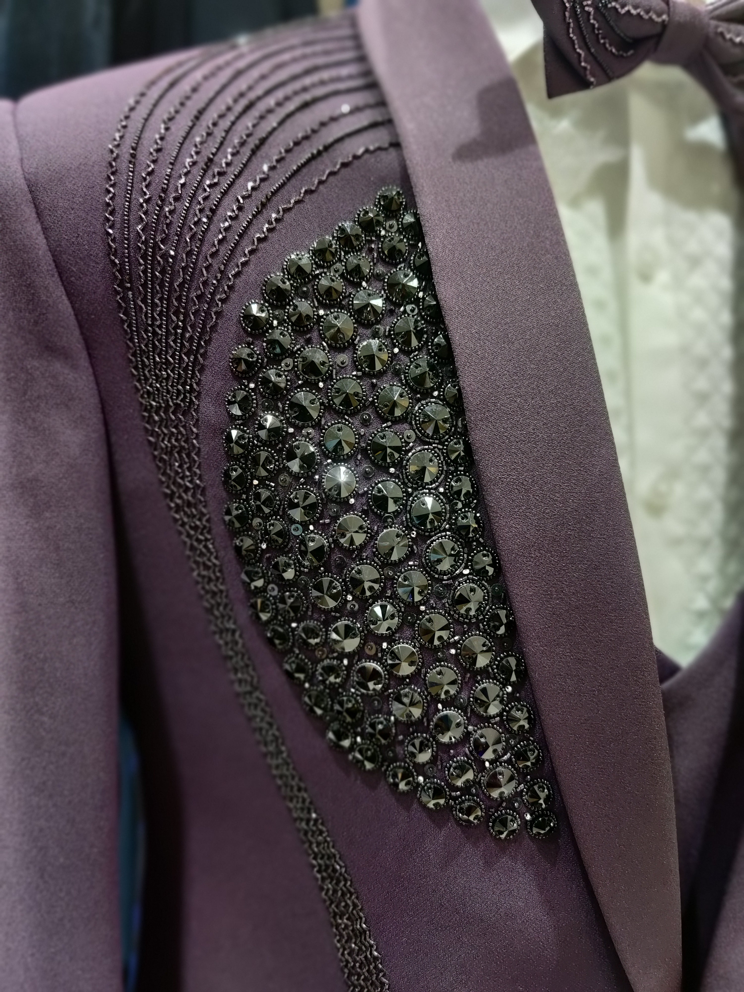 Wine Wedding Suit with Black Stone Embellishments - New Sudarshan Silks`