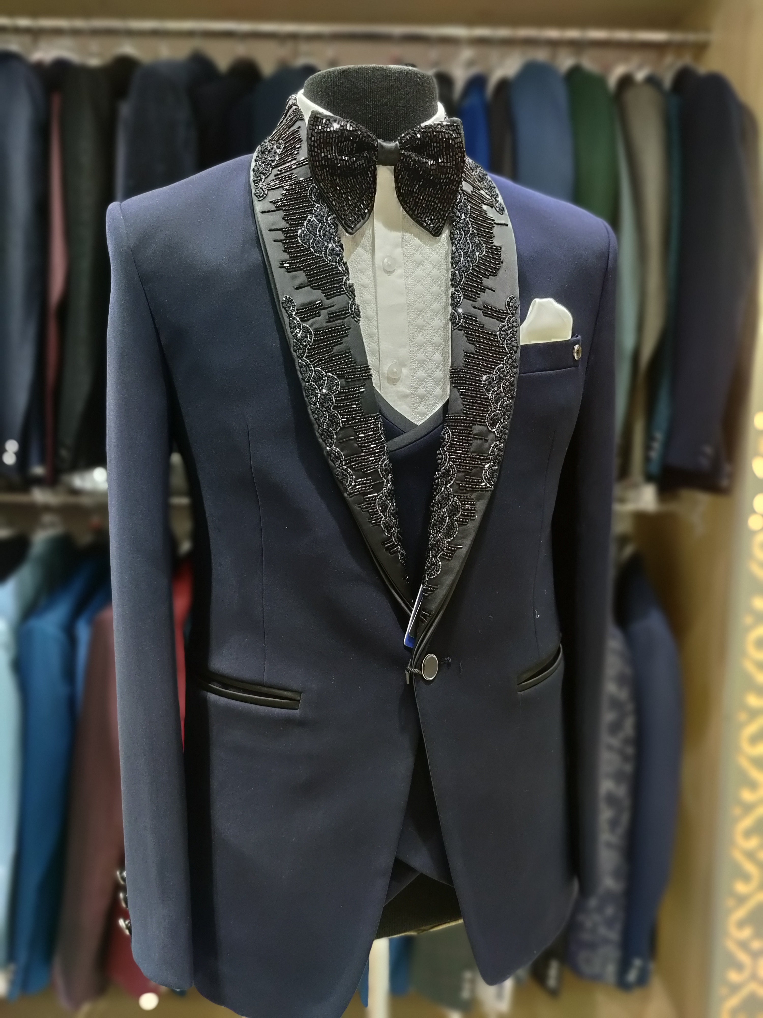 Royal Blue Wedding Suit with Black Detailing - New Sudarshan Silks`