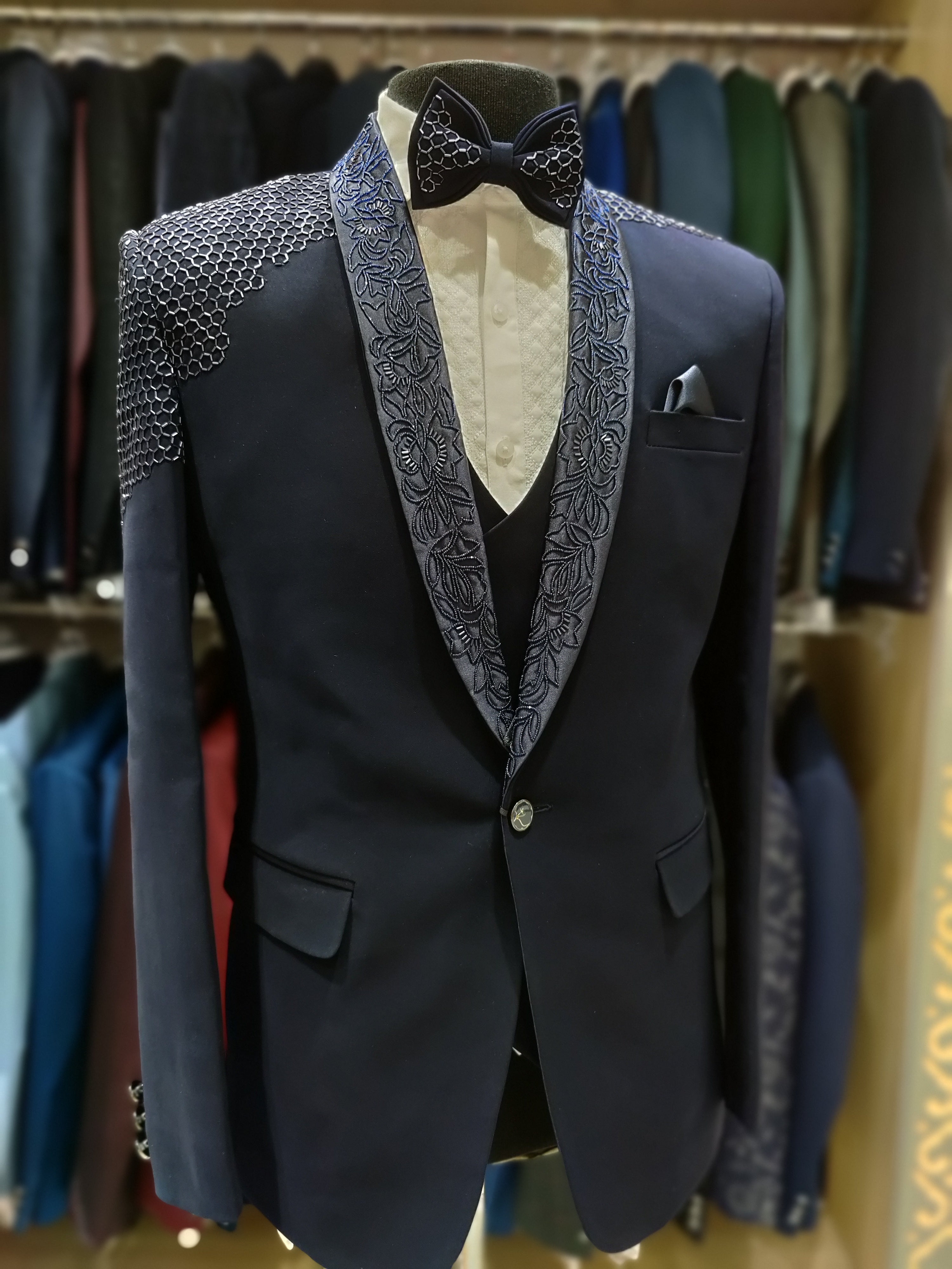 Royal Blue Wedding Suit with Black Stone Embellishments & Pant Piece - New Sudarshan Silks`