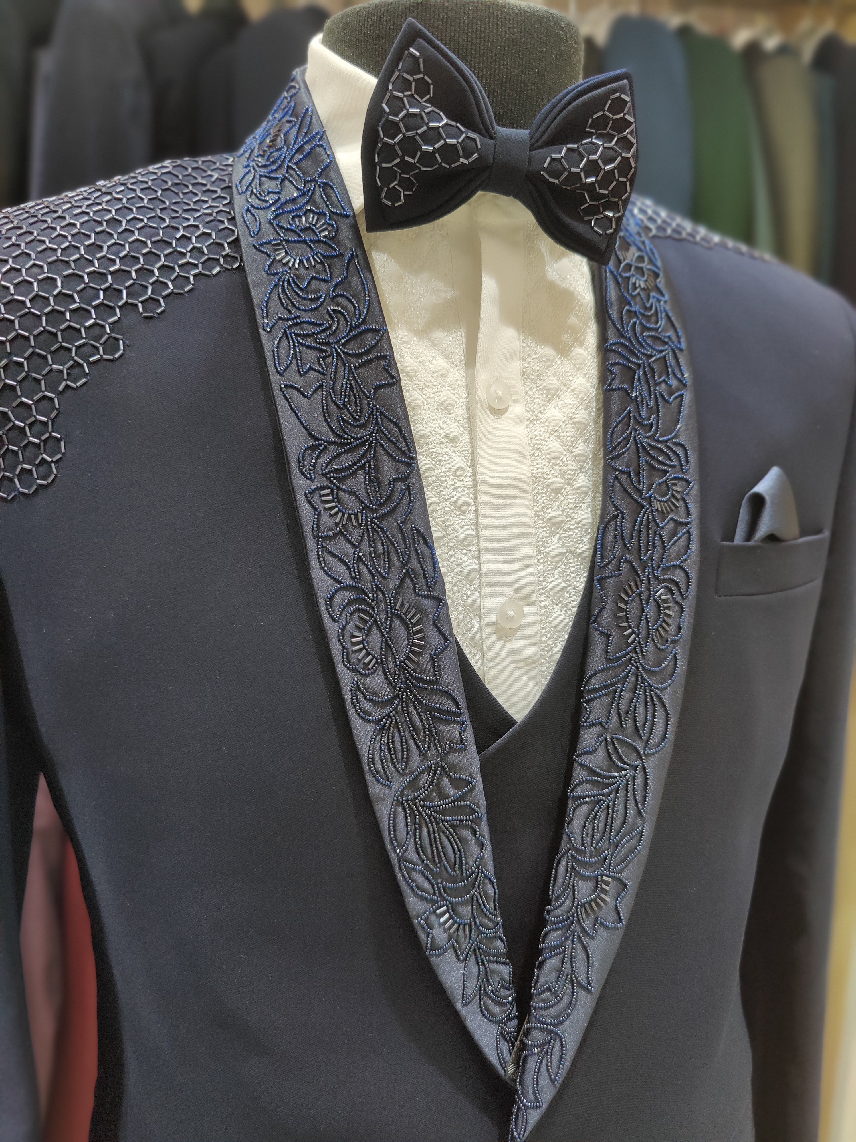 Royal Blue Wedding Suit with Black Stone Embellishments & Pant Piece - New Sudarshan Silks`