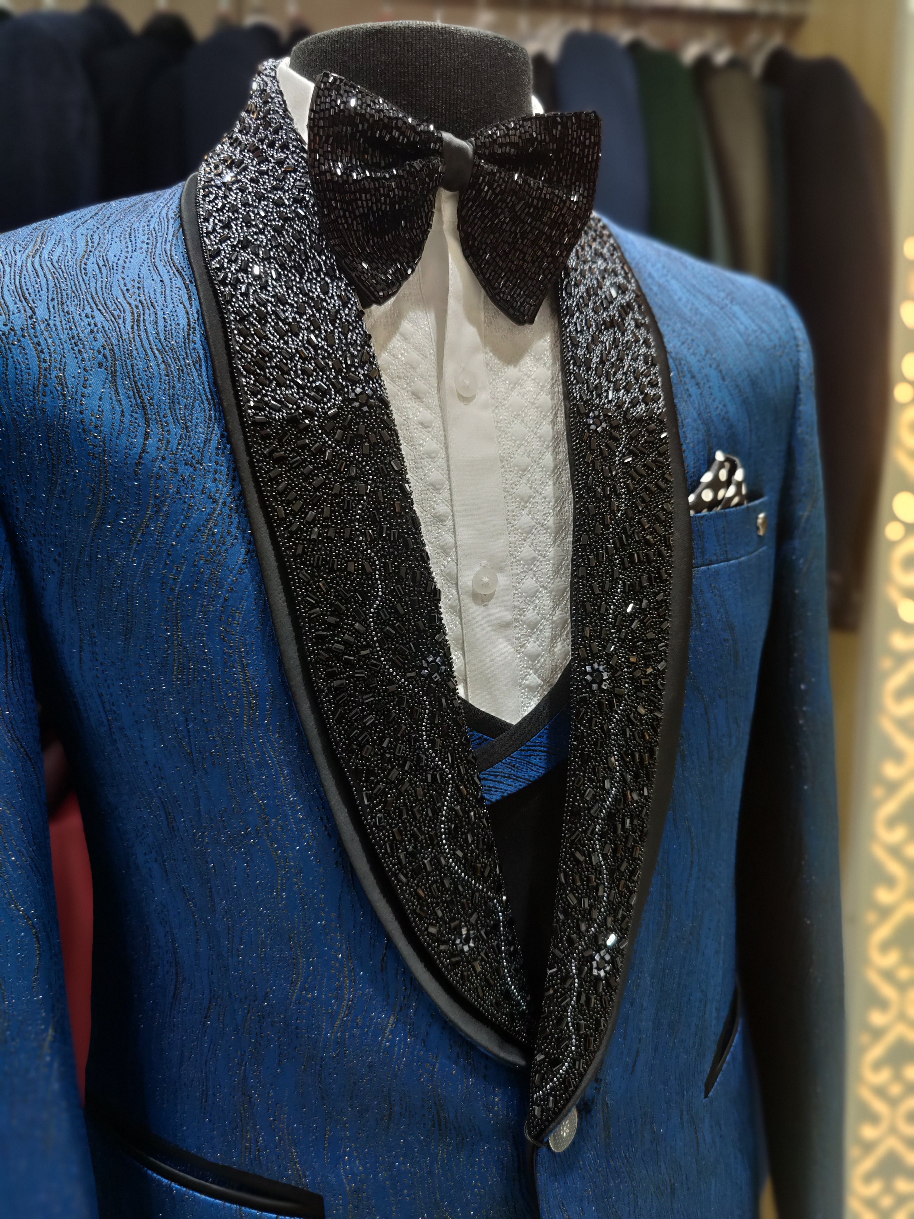 Blue Men's Wedding Suit with Black Royal Stone Work & Matching Pant Piece - New Sudarshan Silks`