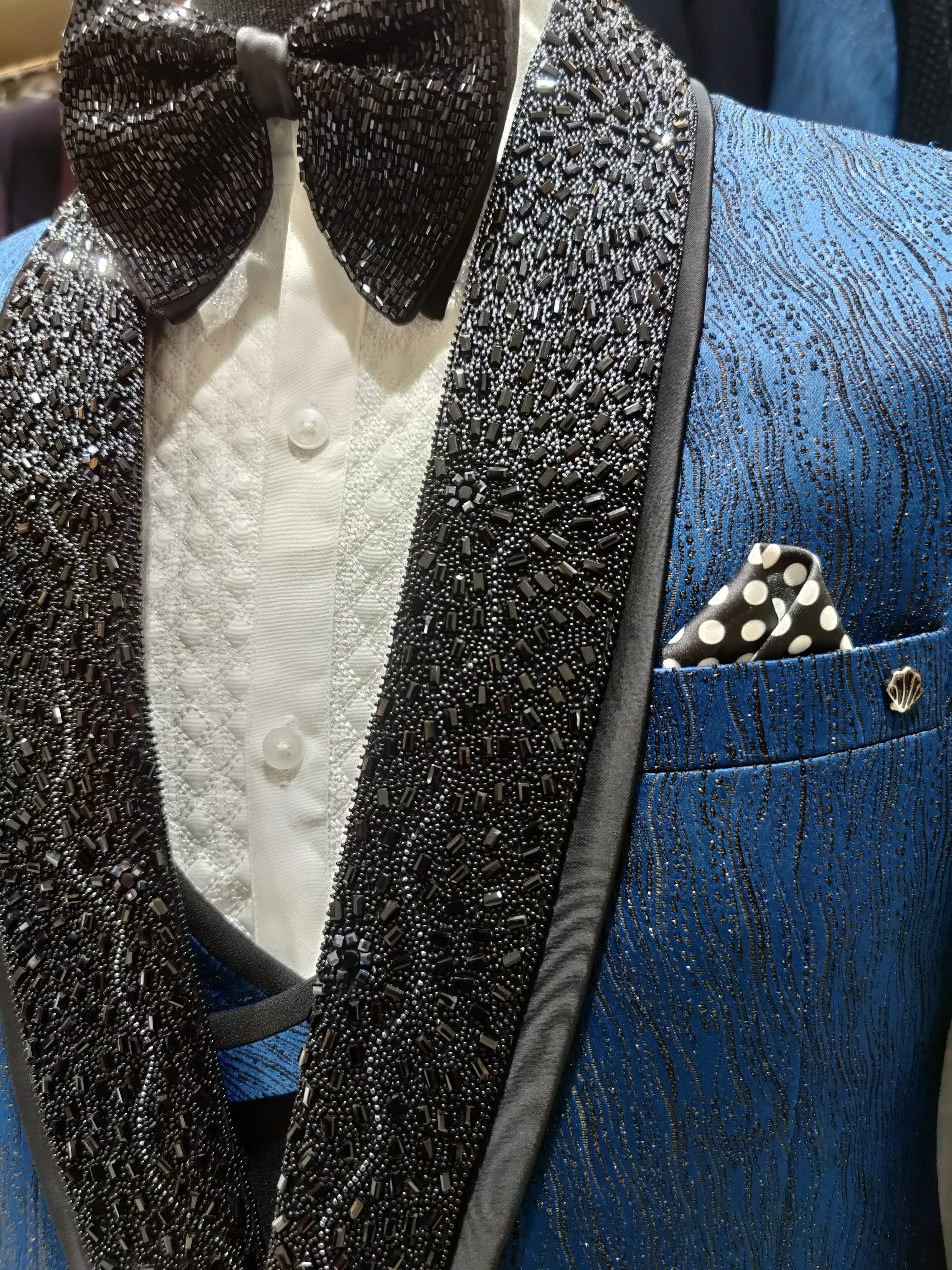 Blue Men's Wedding Suit with Black Royal Stone Work & Matching Pant Piece - New Sudarshan Silks`