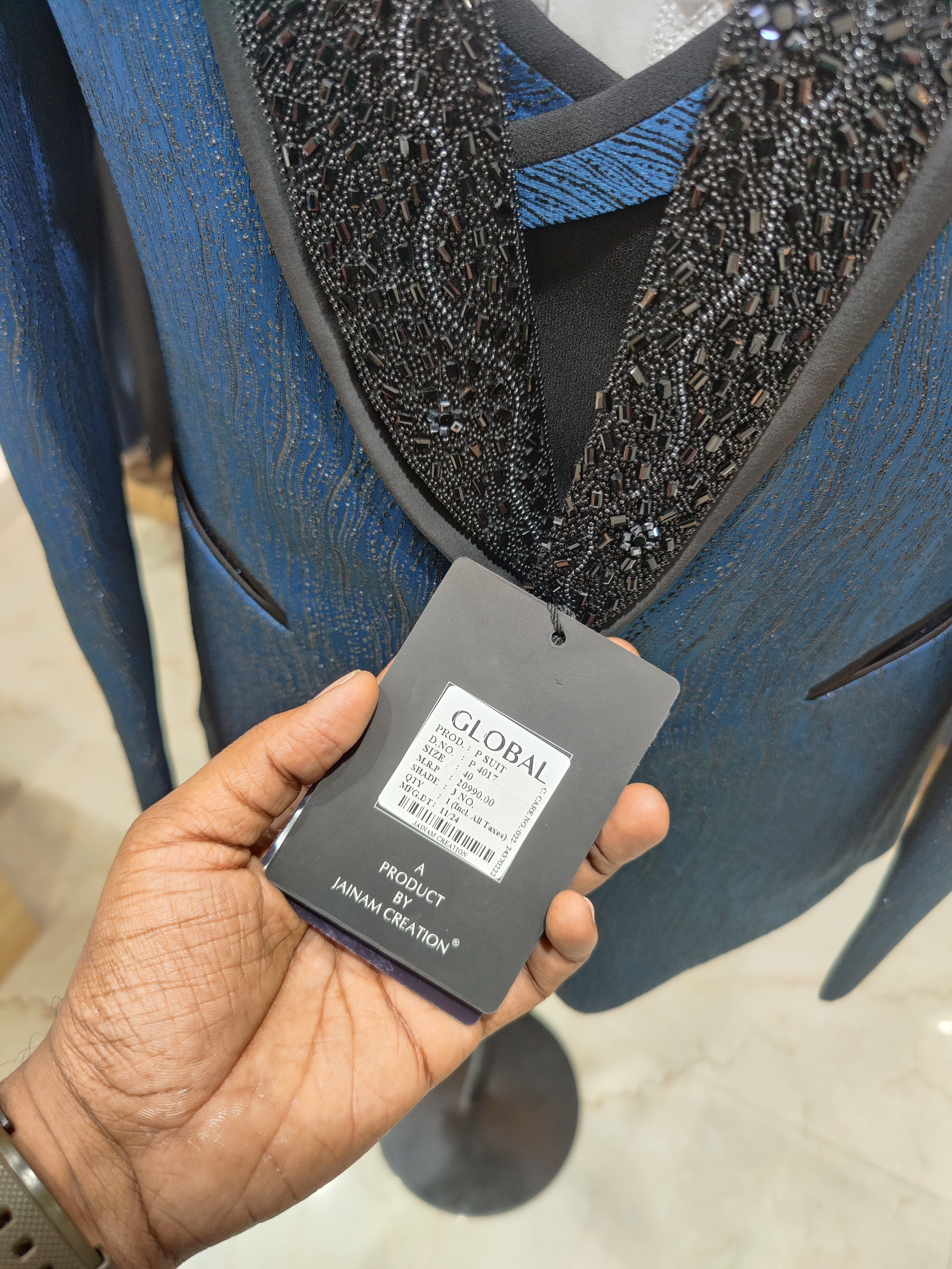 Blue Men's Wedding Suit with Black Royal Stone Work & Matching Pant Piece - New Sudarshan Silks`