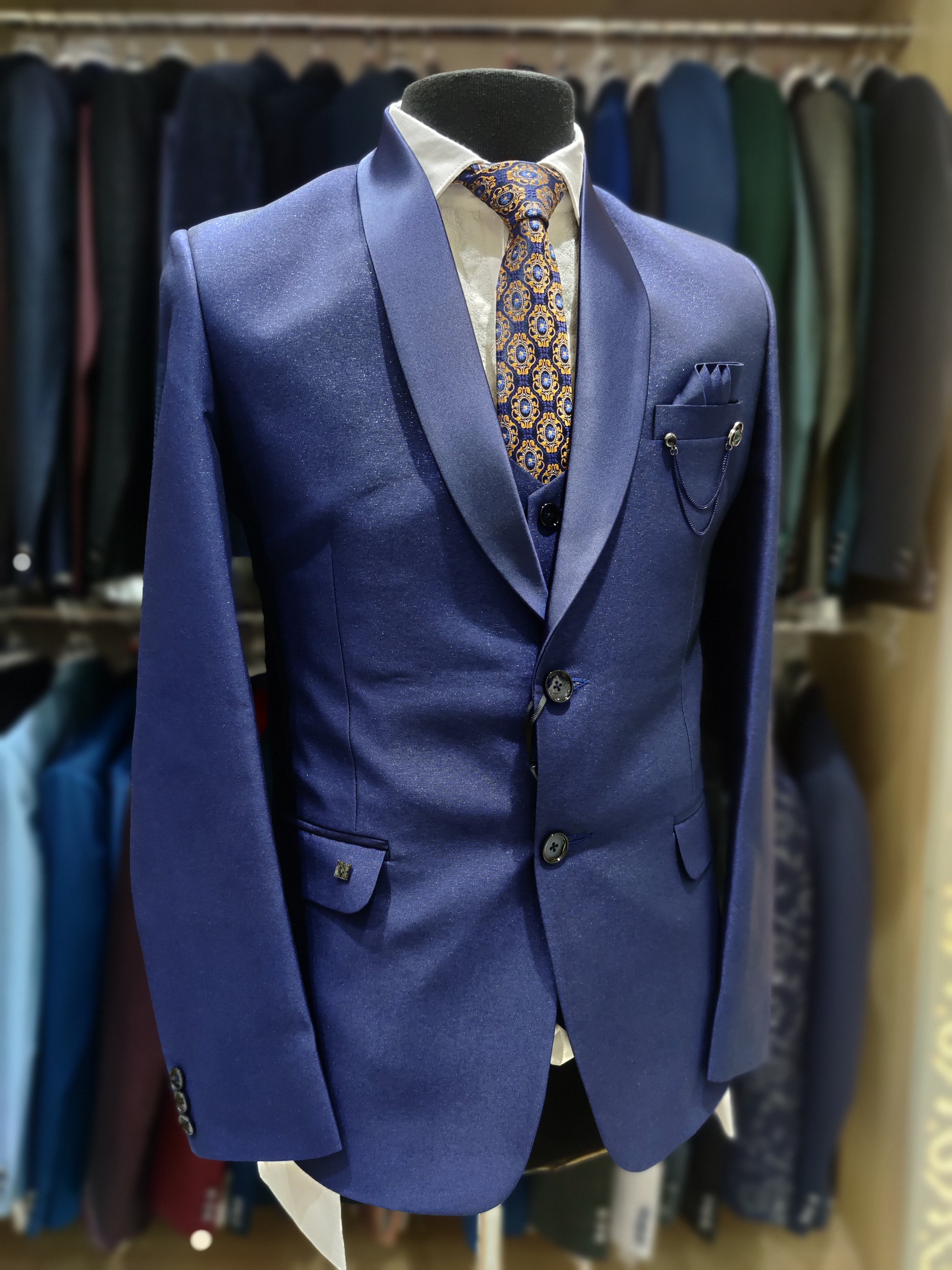 Stylish Ink Blue Wedding Suit with Stone Work & Pant Piece - New Sudarshan Silks`