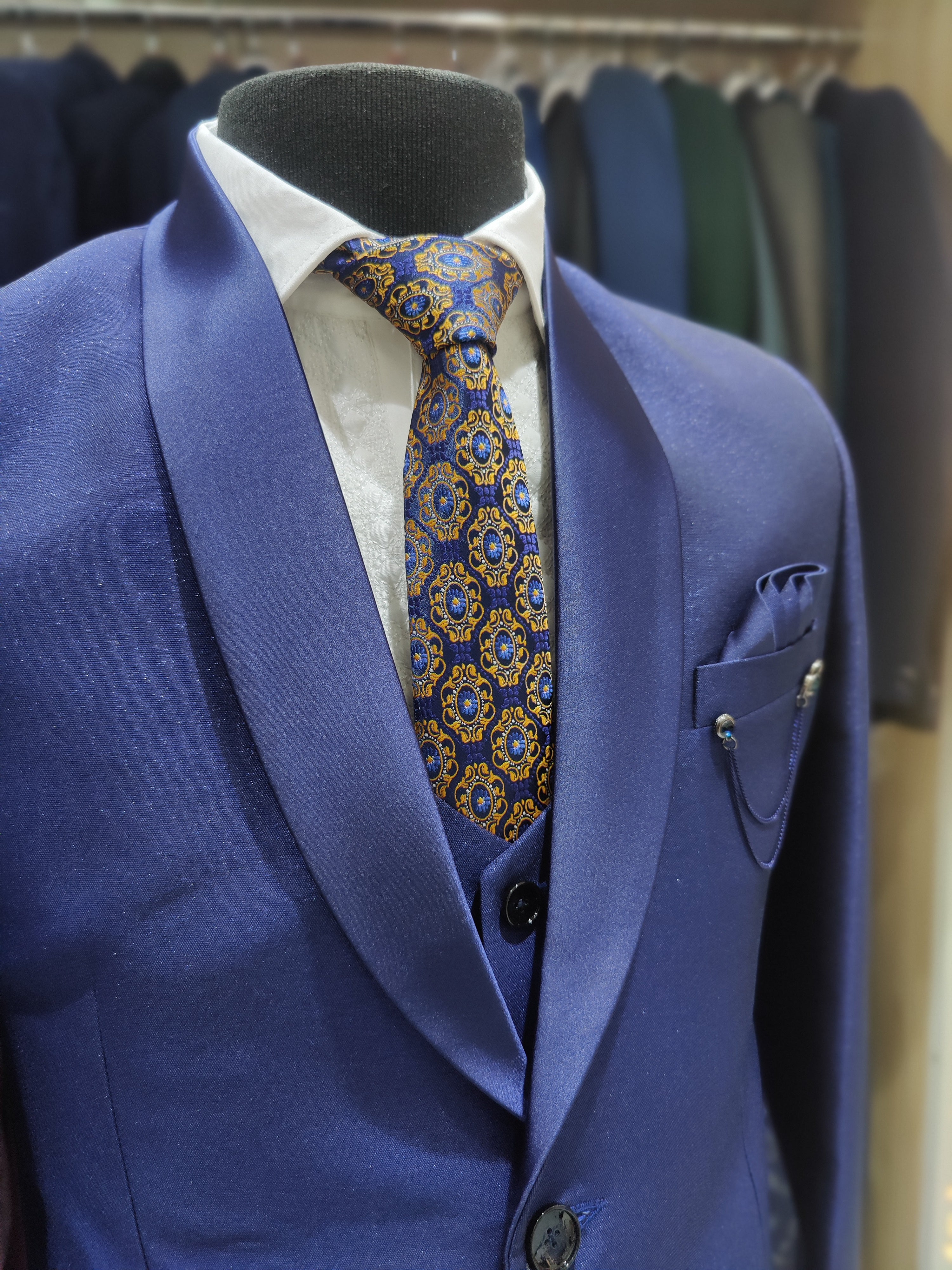 Stylish Ink Blue Wedding Suit with Stone Work & Pant Piece - New Sudarshan Silks`