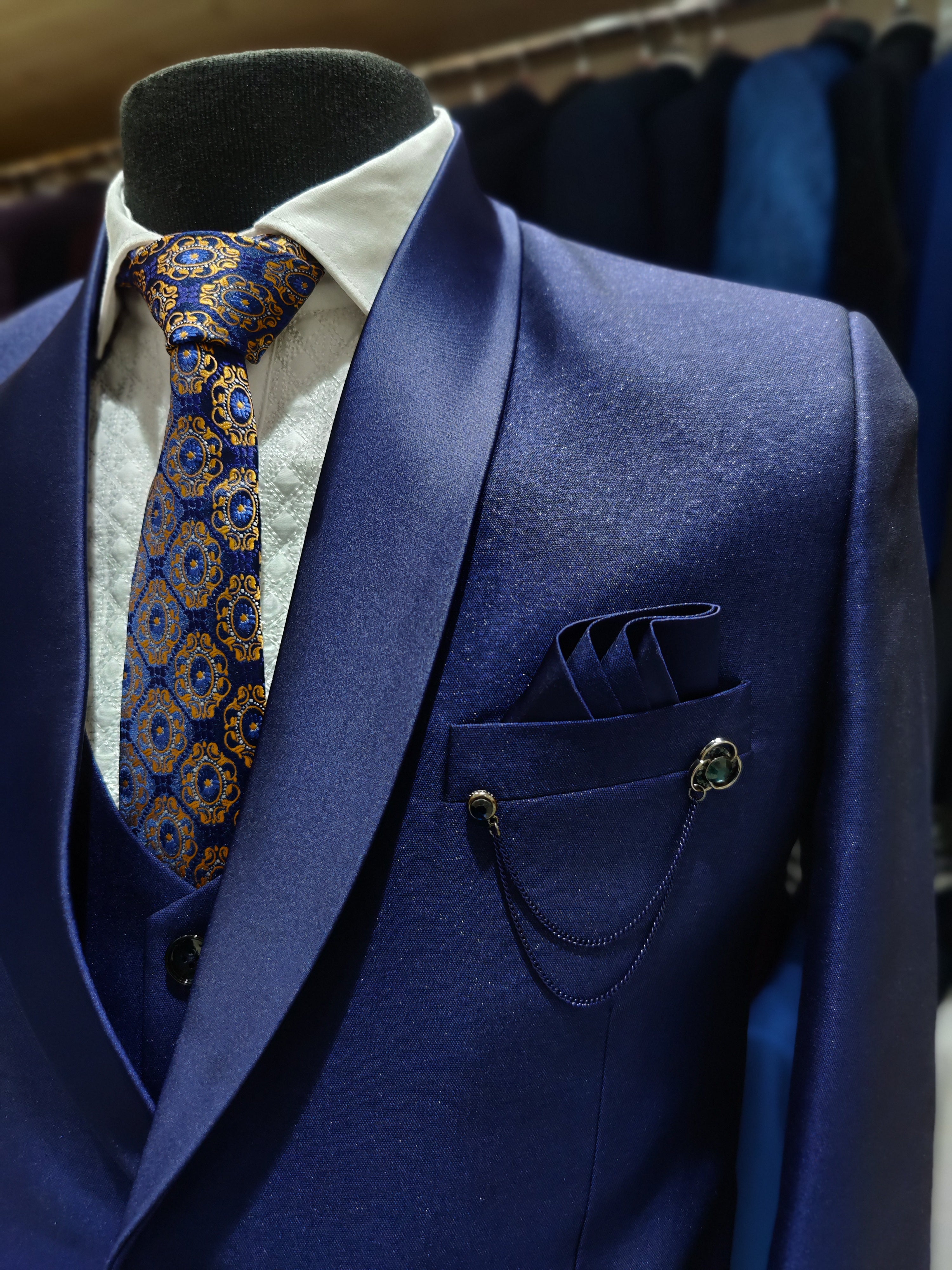 Stylish Ink Blue Wedding Suit with Stone Work & Pant Piece - New Sudarshan Silks`