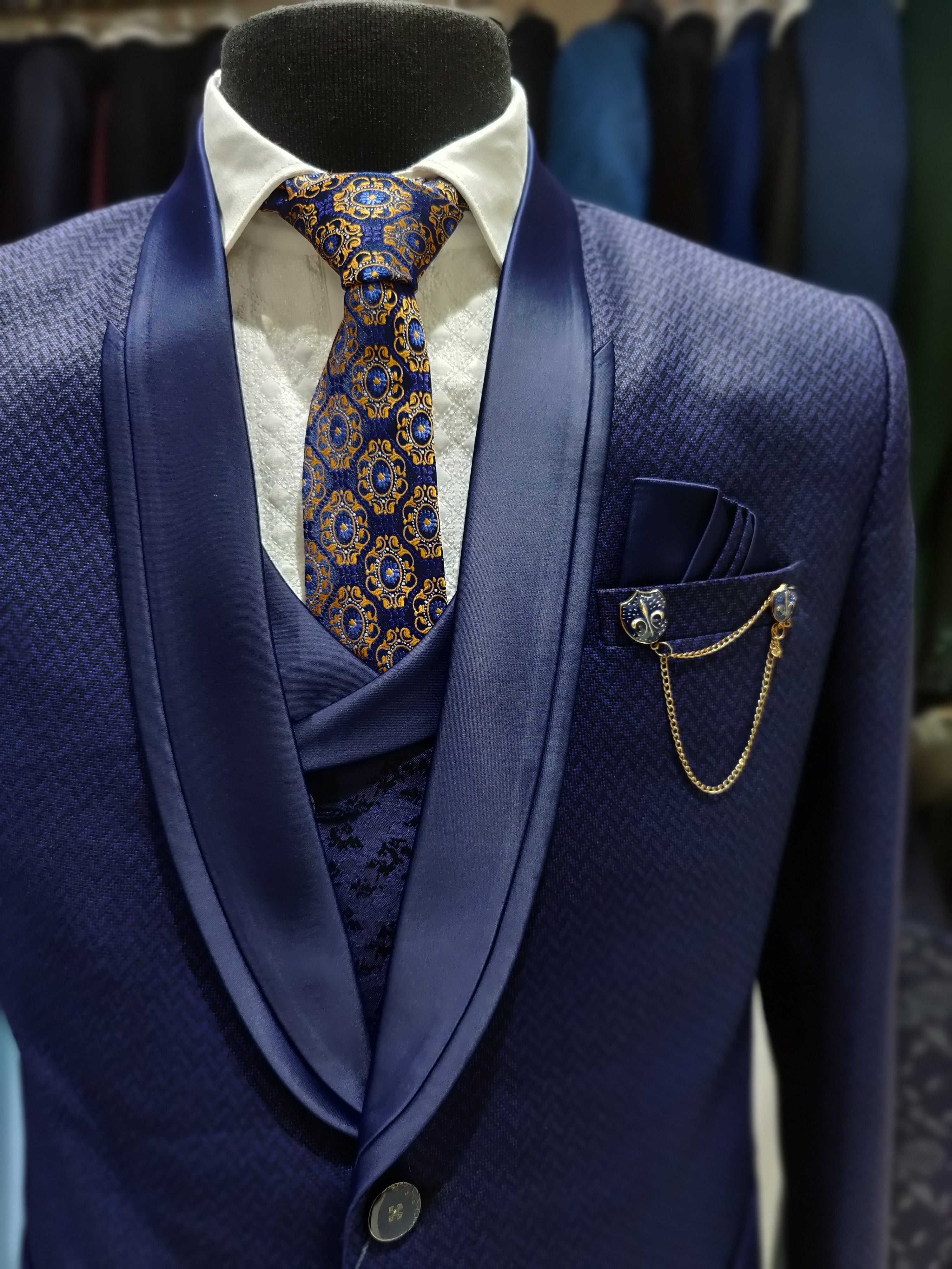 Stylish Ink Blue Wedding Suit with Stone Work & Pant Piece - New Sudarshan Silks`