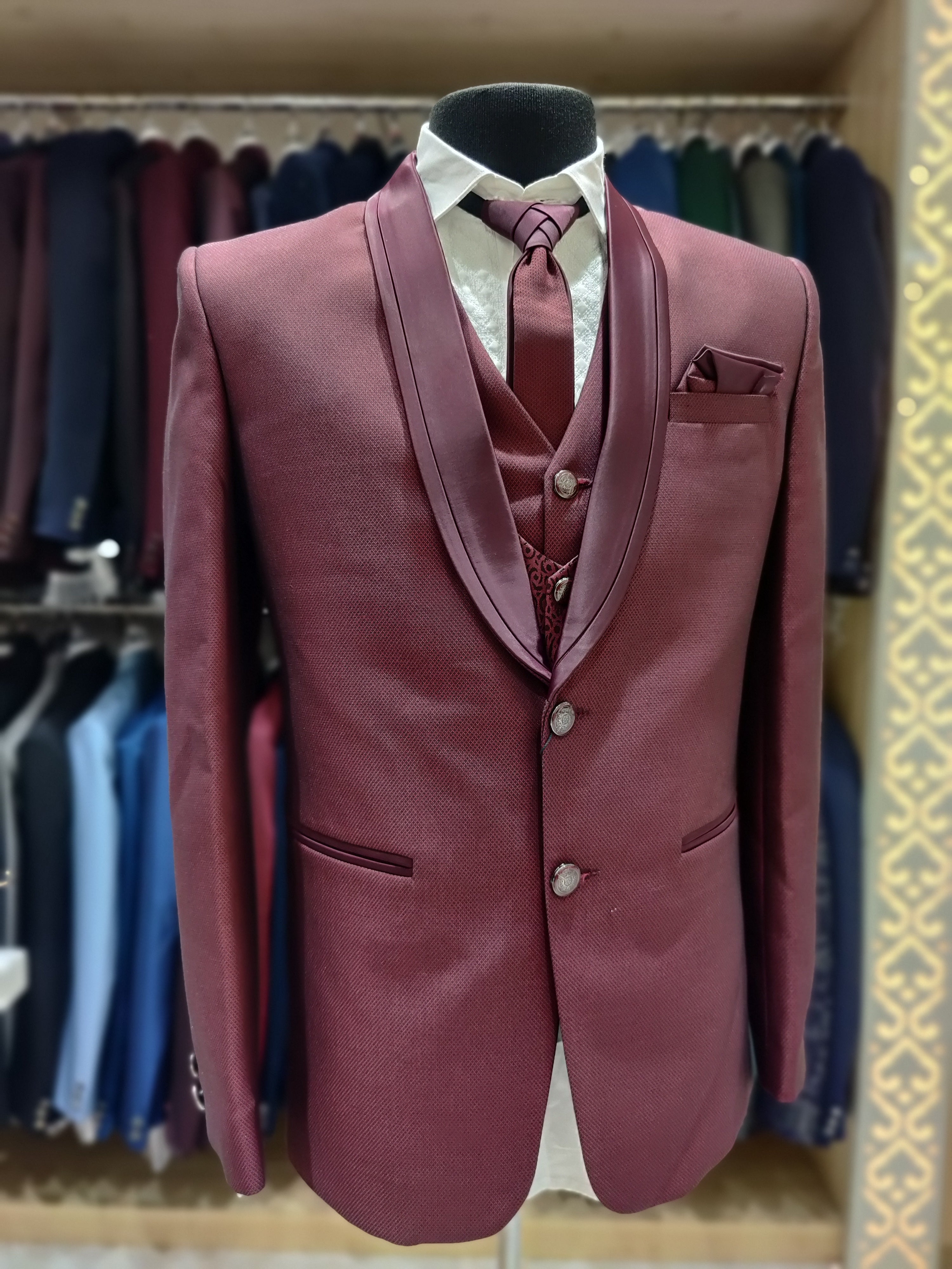 Elegant Red Wedding Suit with Exquisite Detailing - New Sudarshan Silks`