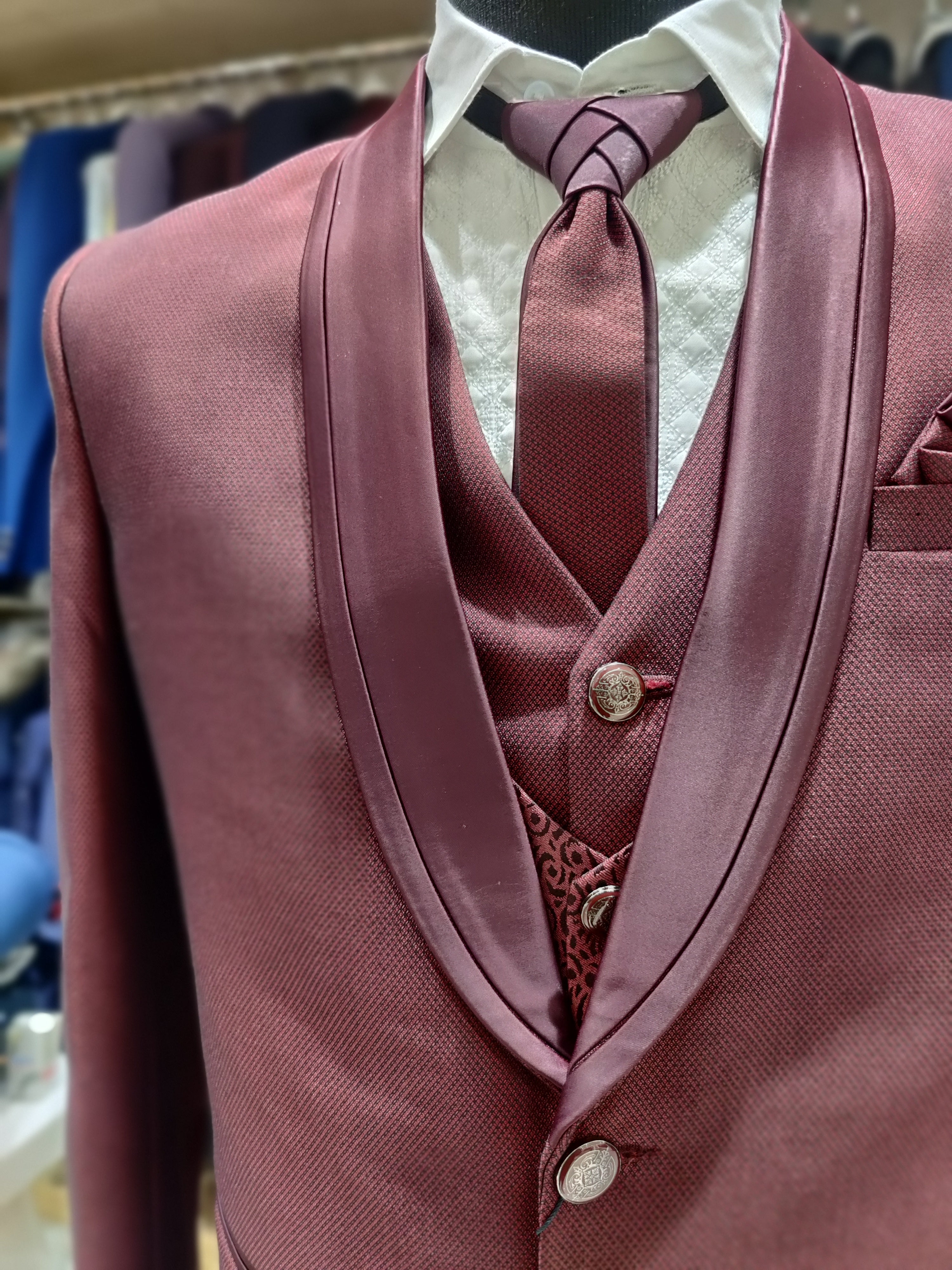 Elegant Red Wedding Suit with Exquisite Detailing - New Sudarshan Silks`