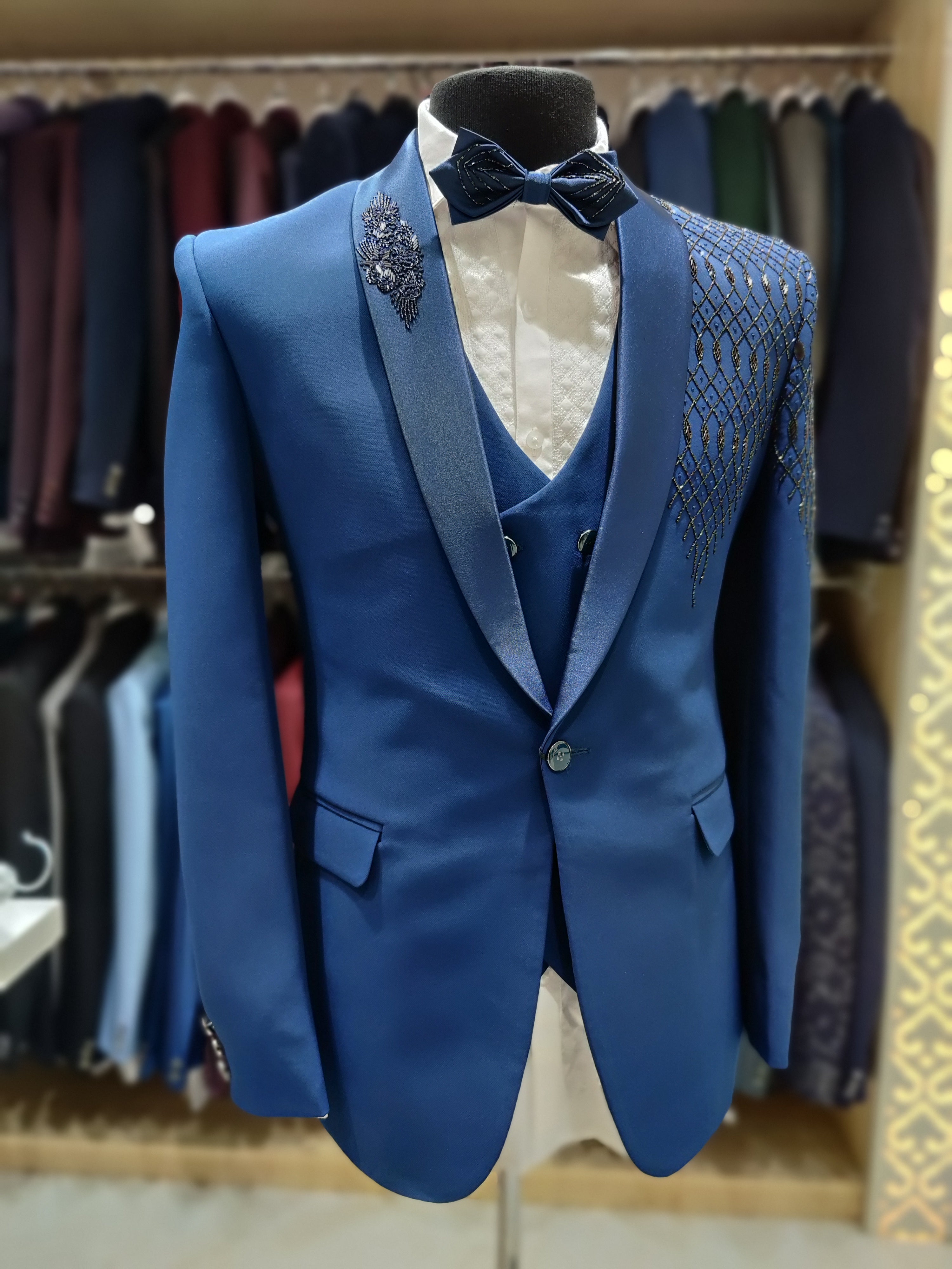 Royal Blue Suit with One-Side Black Stone Work – Wedding Collection - New Sudarshan Silks`
