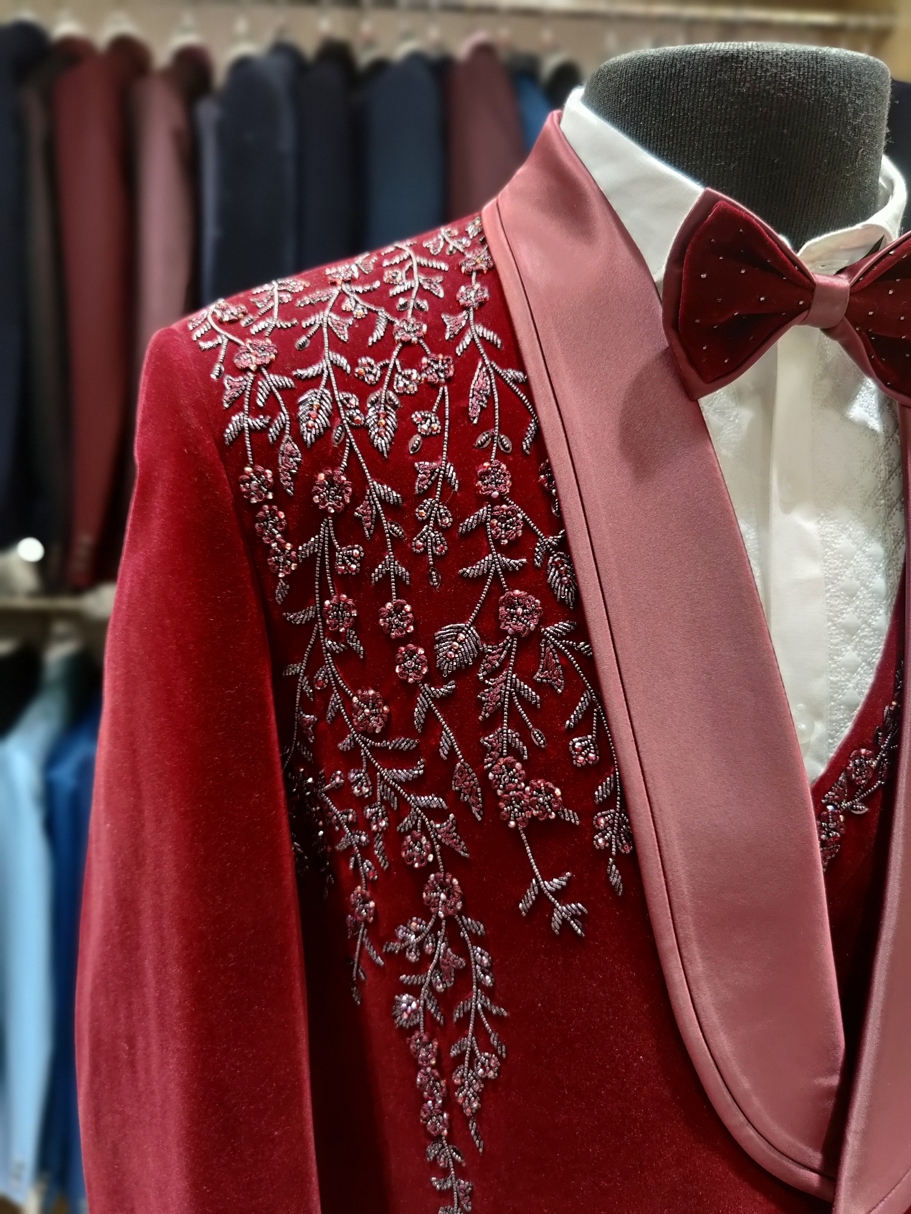 Red Floral Stone Work Wedding Suit with Pant Piece - New Sudarshan Silks`