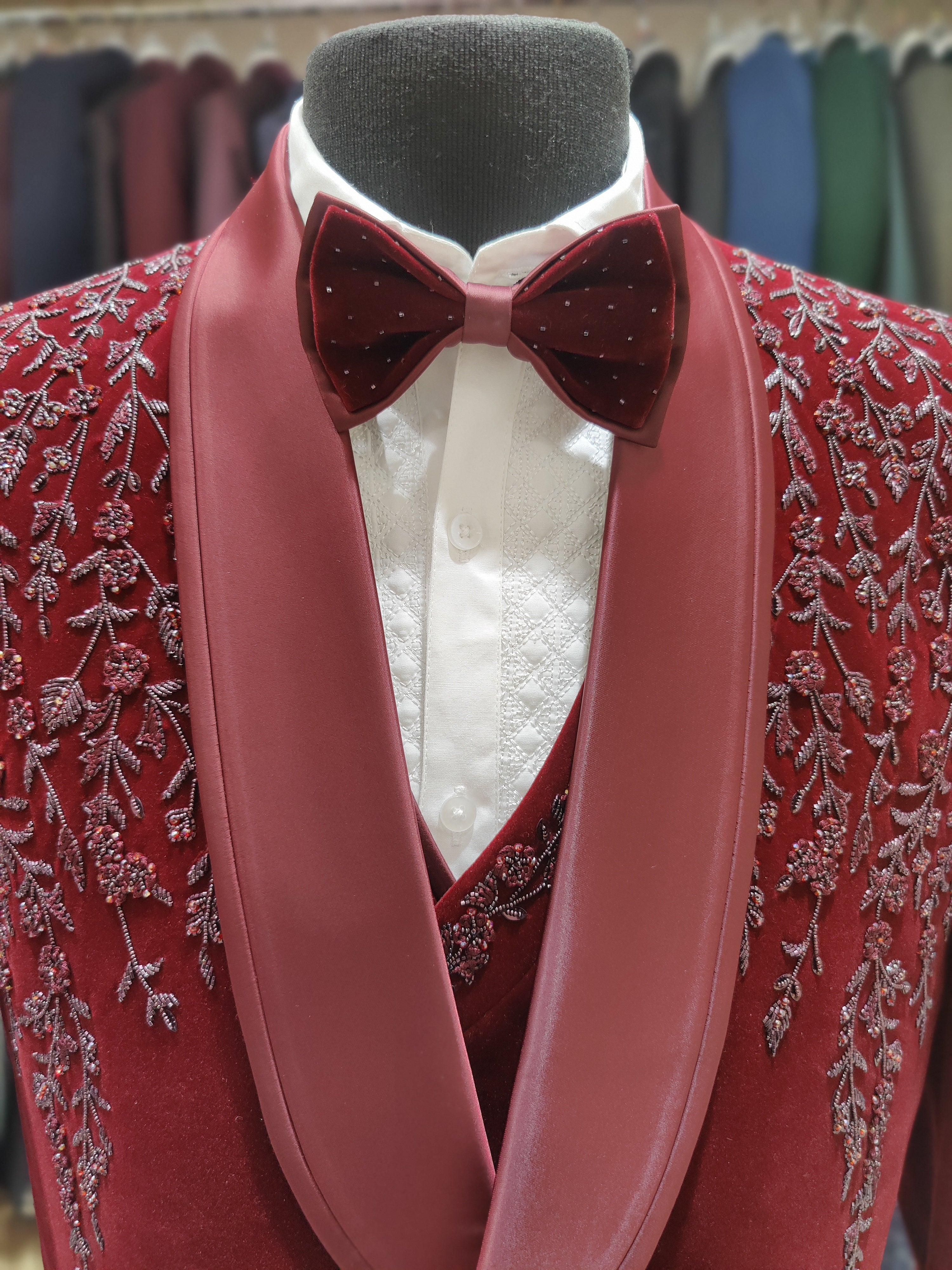 Red Floral Stone Work Wedding Suit with Pant Piece - New Sudarshan Silks`