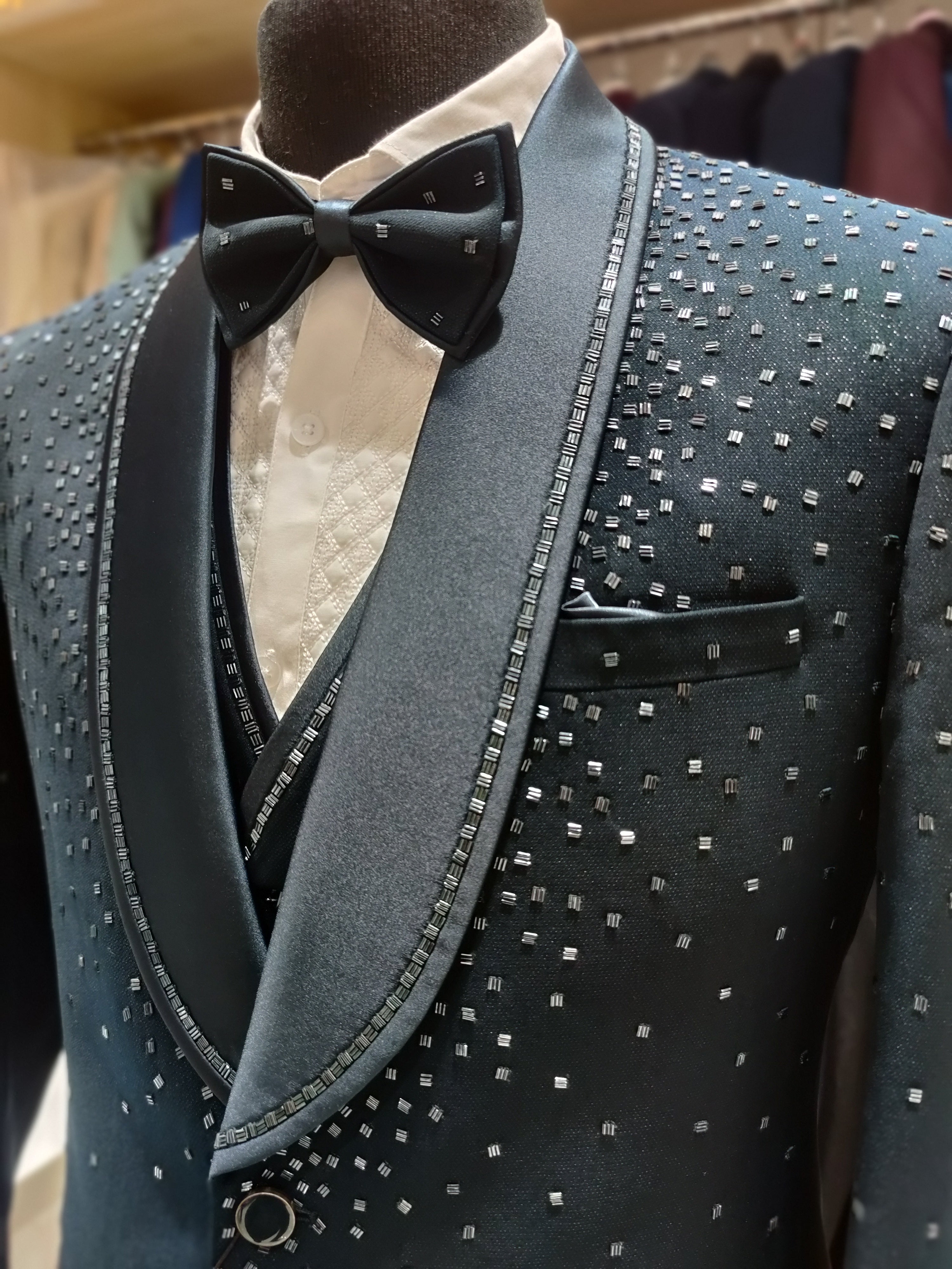 Blue Stone Dotted Wedding Suit with Flowing Stone Work - New Sudarshan Silks`