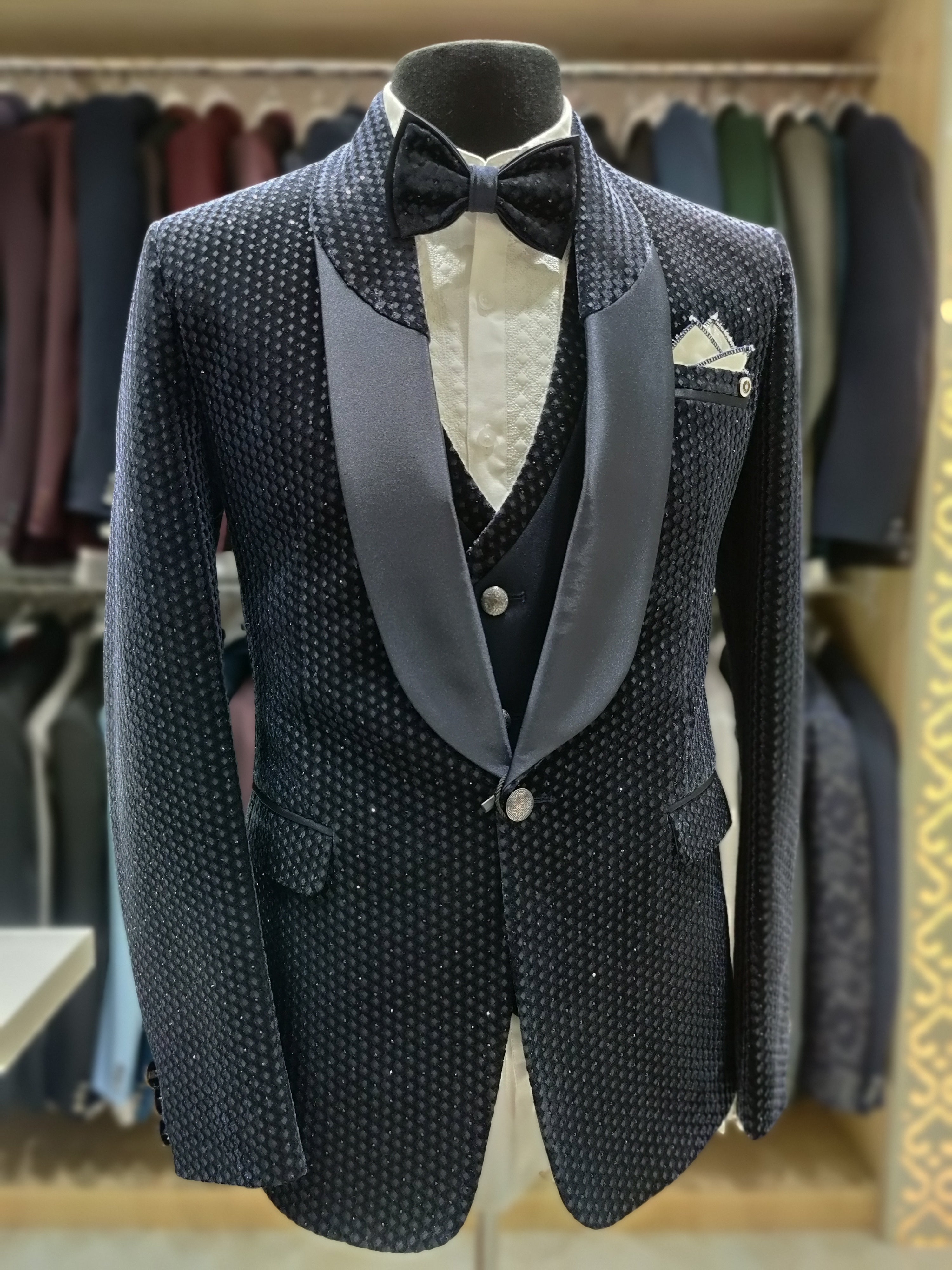 Blue Stone Dotted Wedding Suit with Flowing Stone Work - New Sudarshan Silks`