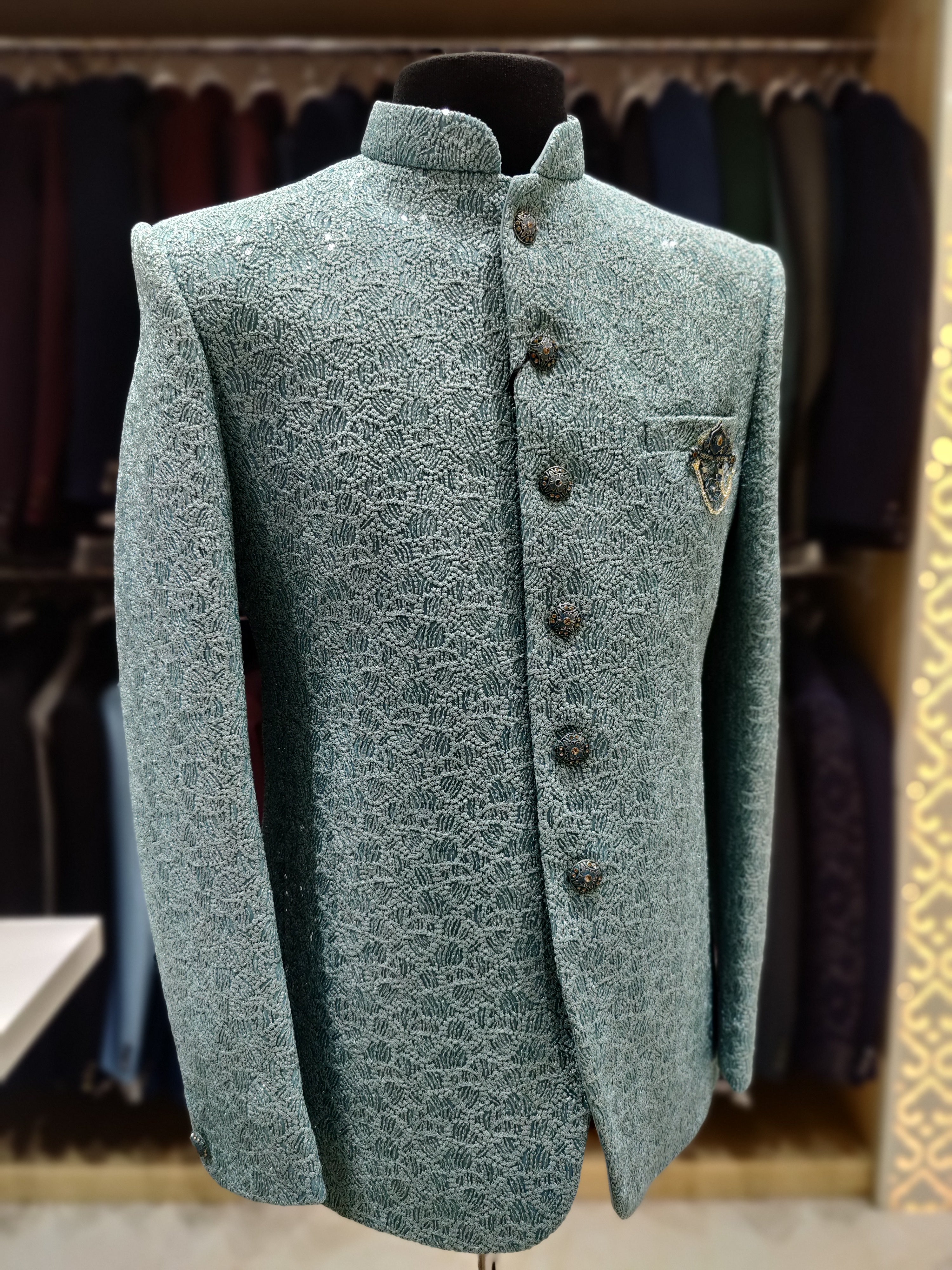 Sea Blue Wedding Suit – Intricate Full Work Design - New Sudarshan Silks`
