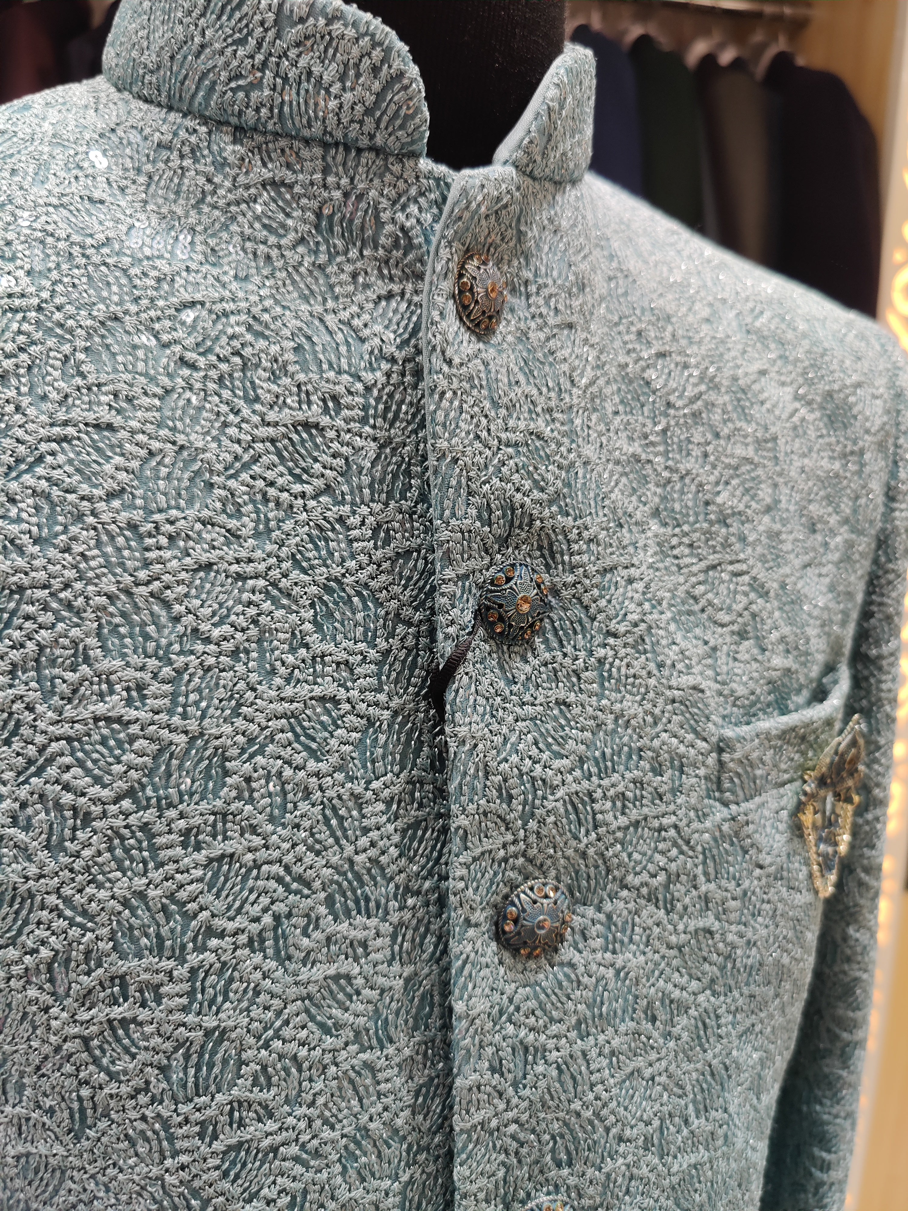 Sea Blue Wedding Suit – Intricate Full Work Design - New Sudarshan Silks`