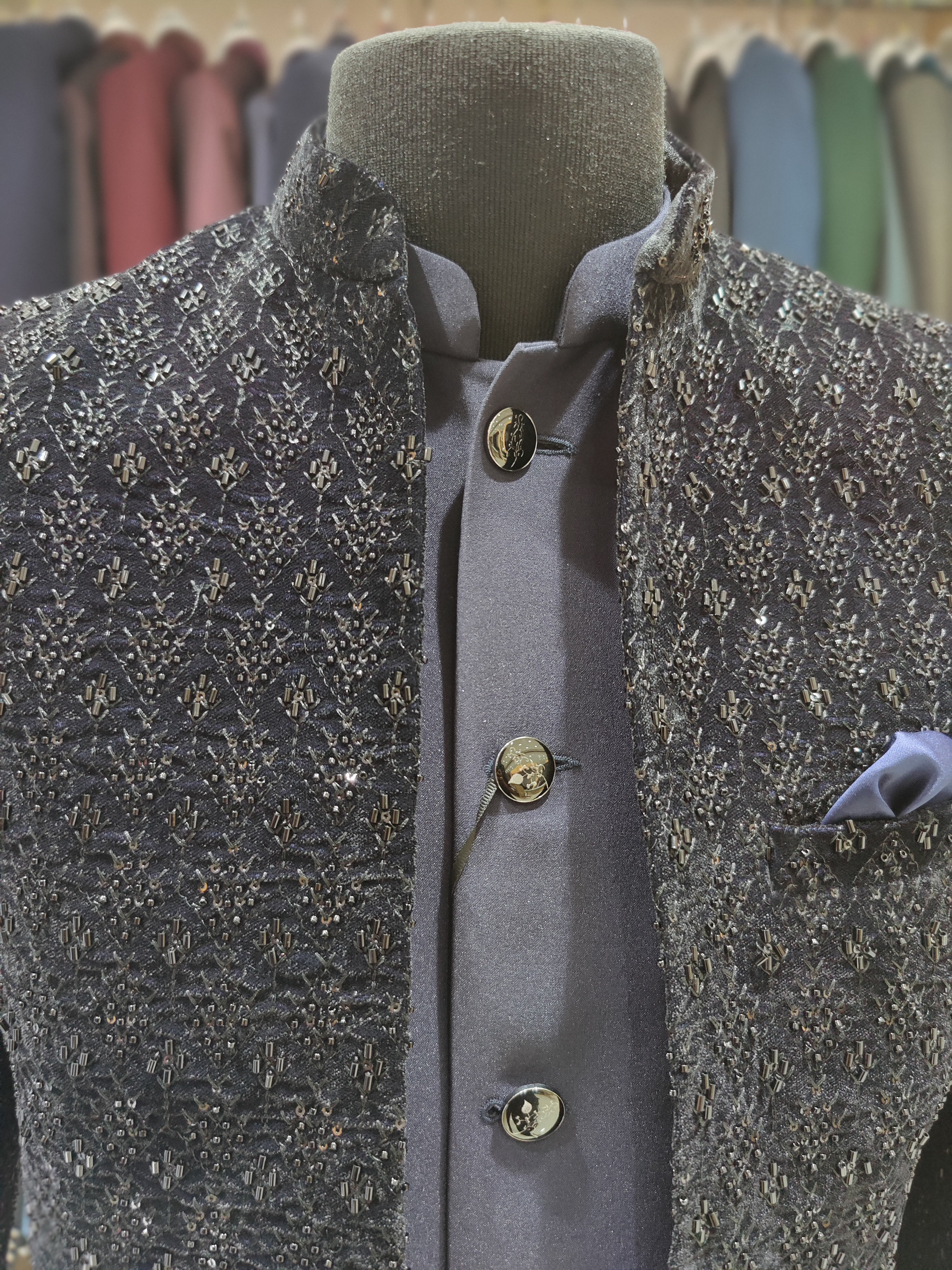 Black Wedding Suit with Elegant Stone Work – Timeless Royalty - New Sudarshan Silks`