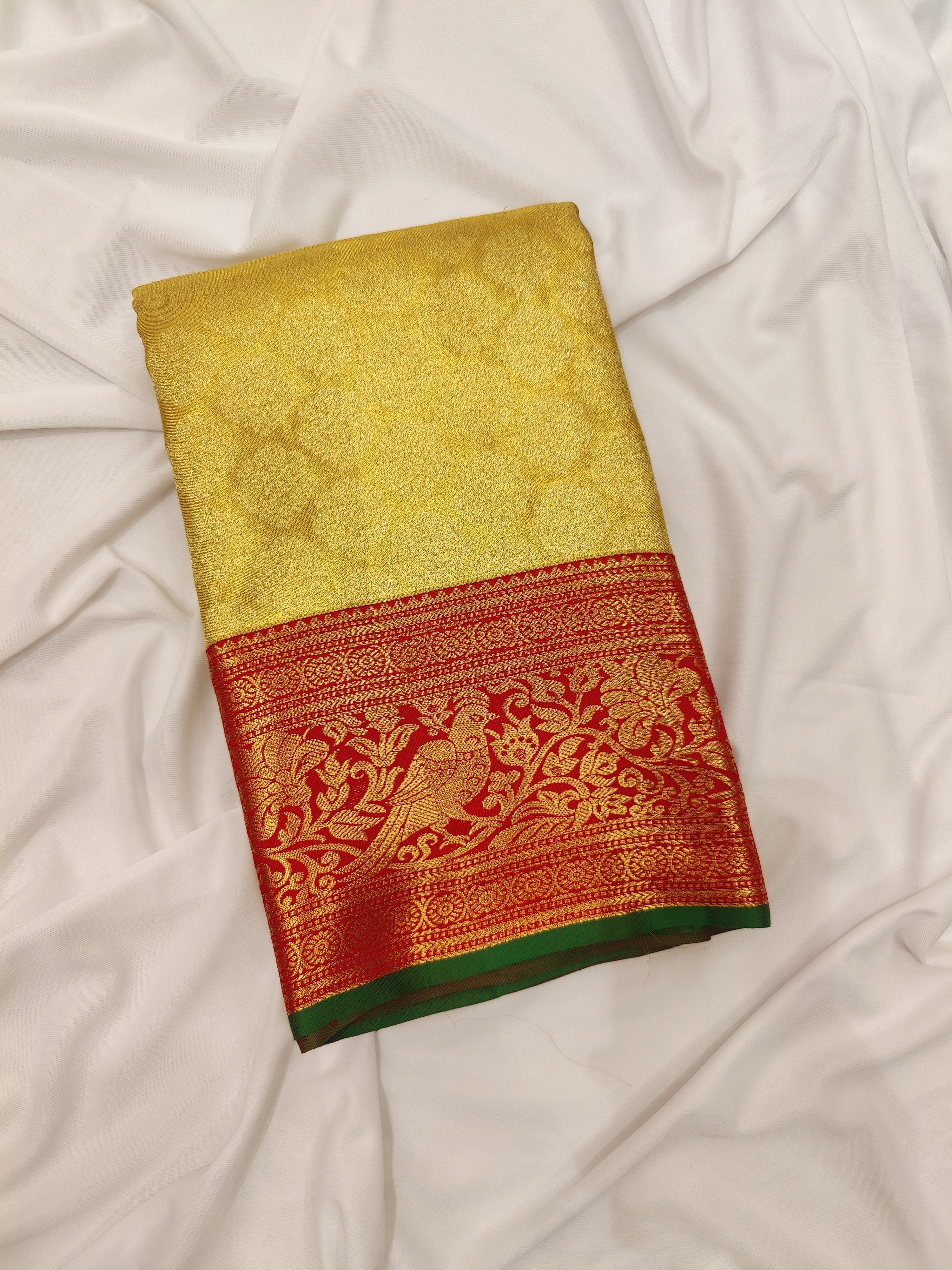 Gold Tissue Kanjivaram Silk Saree with Red Zari Border – Pure Handloom Bridal Saree Online