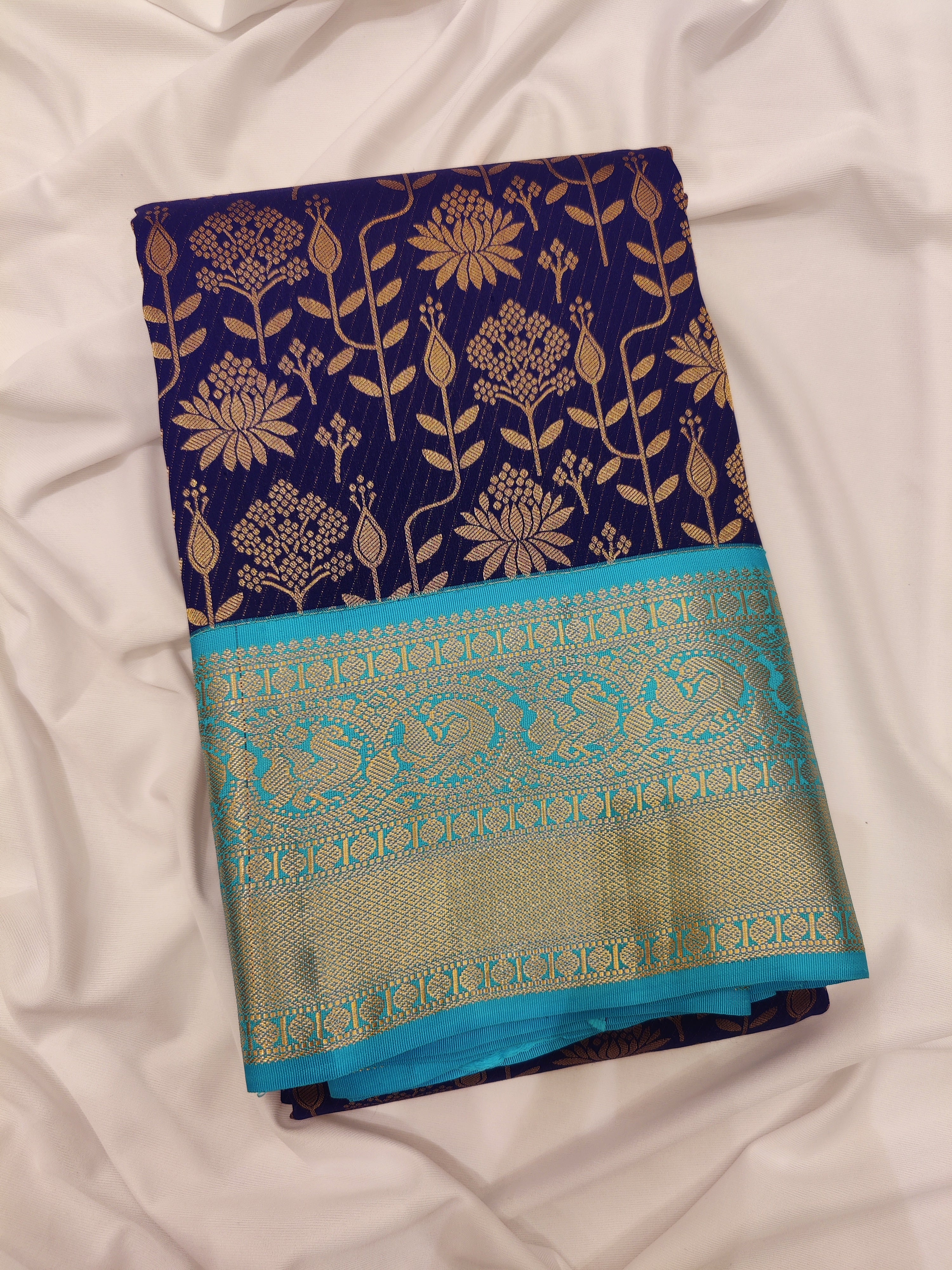 Navy Blue Kanjivaram Silk Saree with Sky Blue Zari Border – Pure Handloom Bridal Saree Online - New Sudarshan Silks`