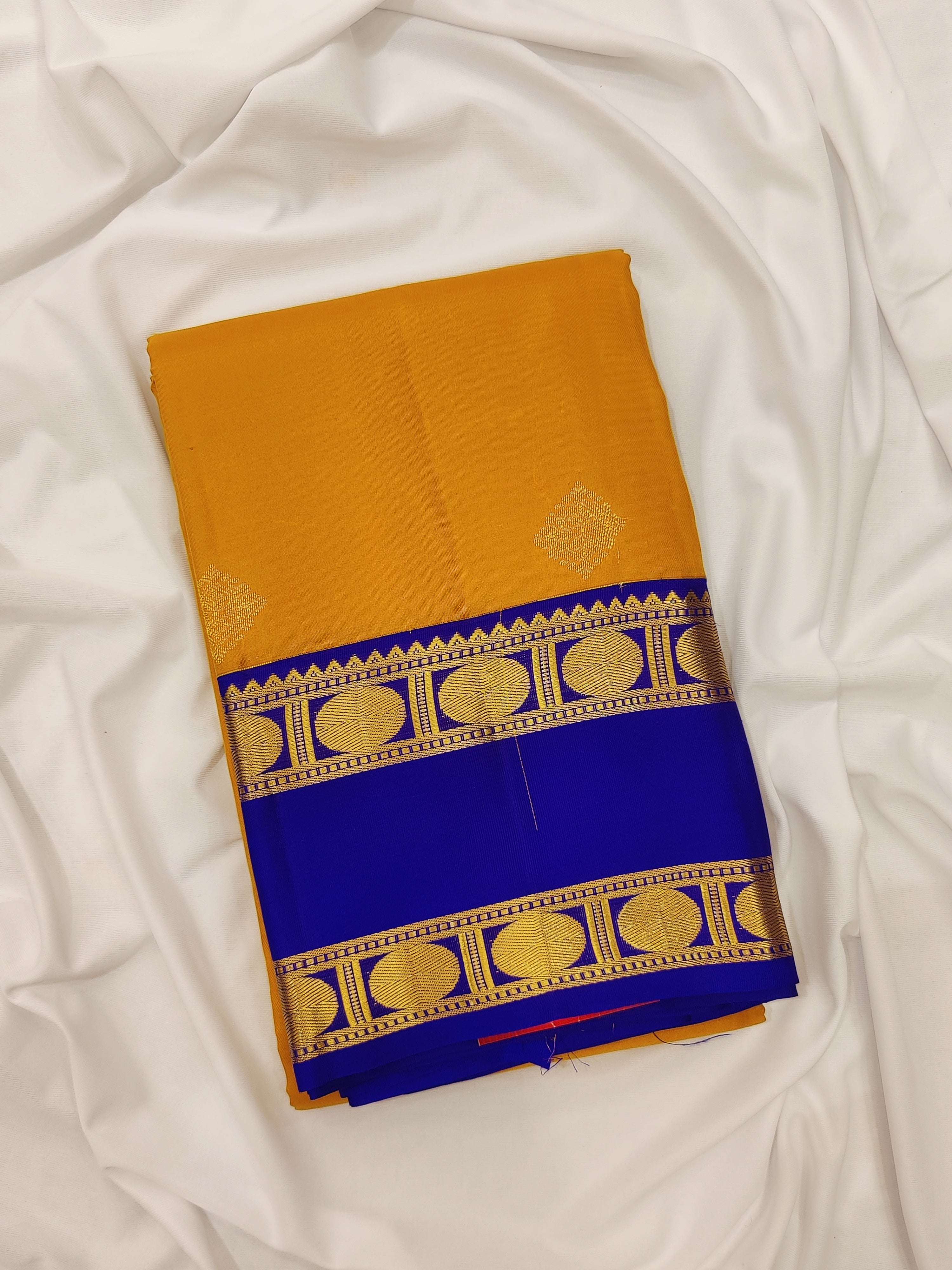 Mustard Yellow Kanjivaram Silk Saree with Navy Blue Zari Border – Traditional Handloom Saree Online - New Sudarshan Silks`