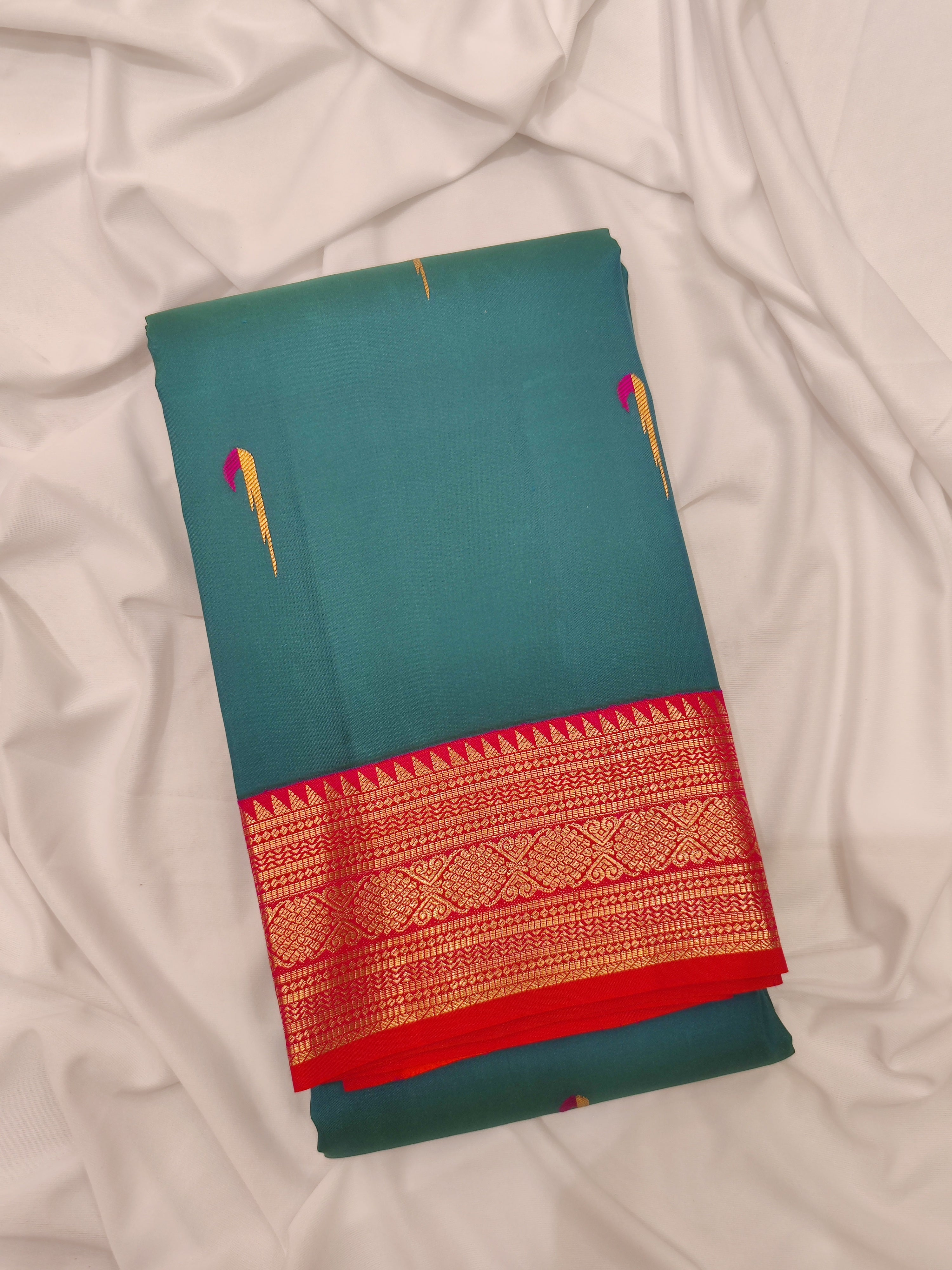 Peacock Green Kanjivaram Silk Saree with Paithani Body and Orange Zari Border – Luxurious Handloom Saree Online - New Sudarshan Silks`