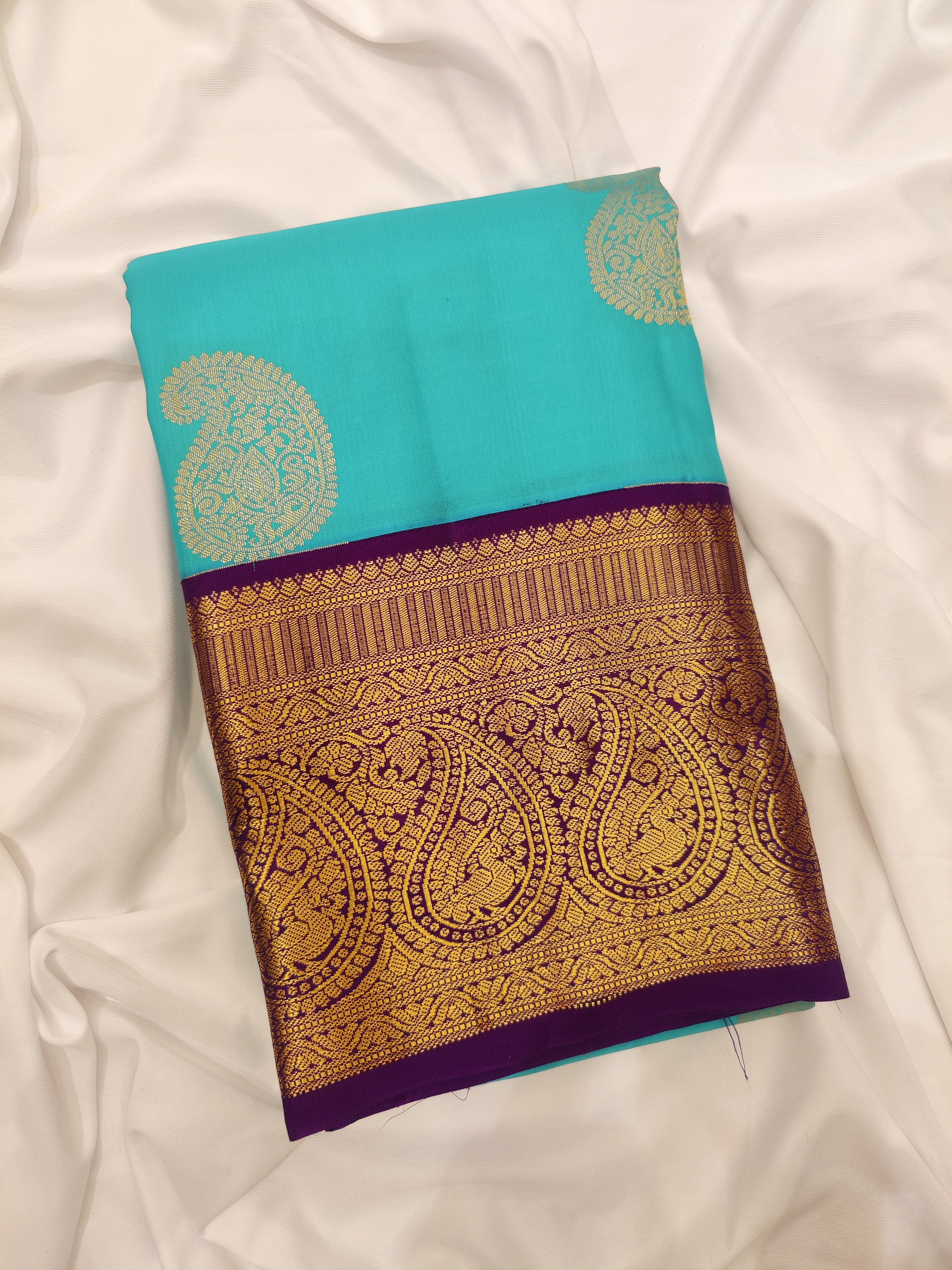 Sky Blue Kanjivaram Silk Saree with Purple Zari Border – Pure Handloom Bridal Saree Online - New Sudarshan Silks`
