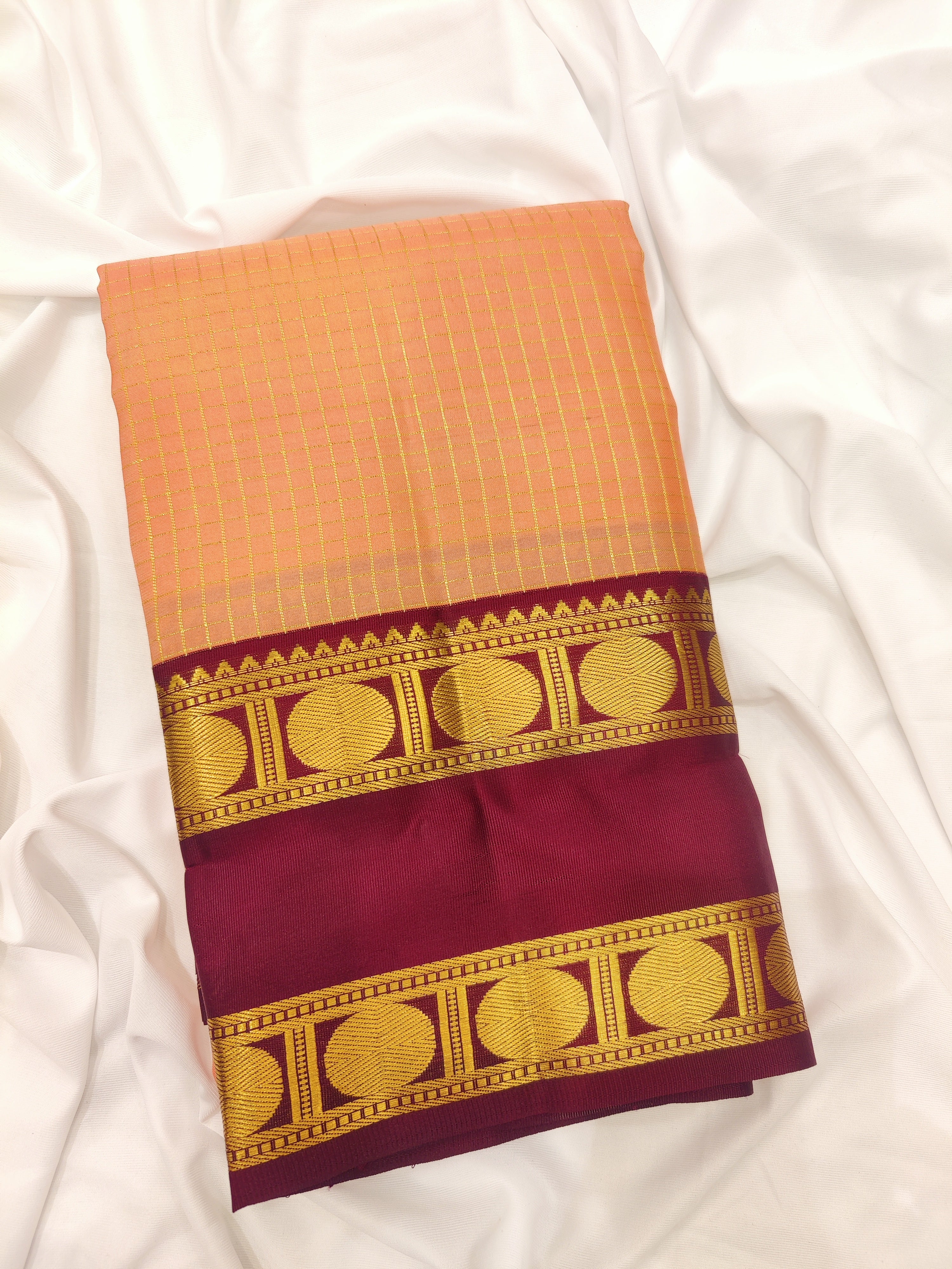 Peach Checked Kanjivaram Silk Saree with Maroon Bentex Border – Traditional Handloom Saree Online - New Sudarshan Silks`